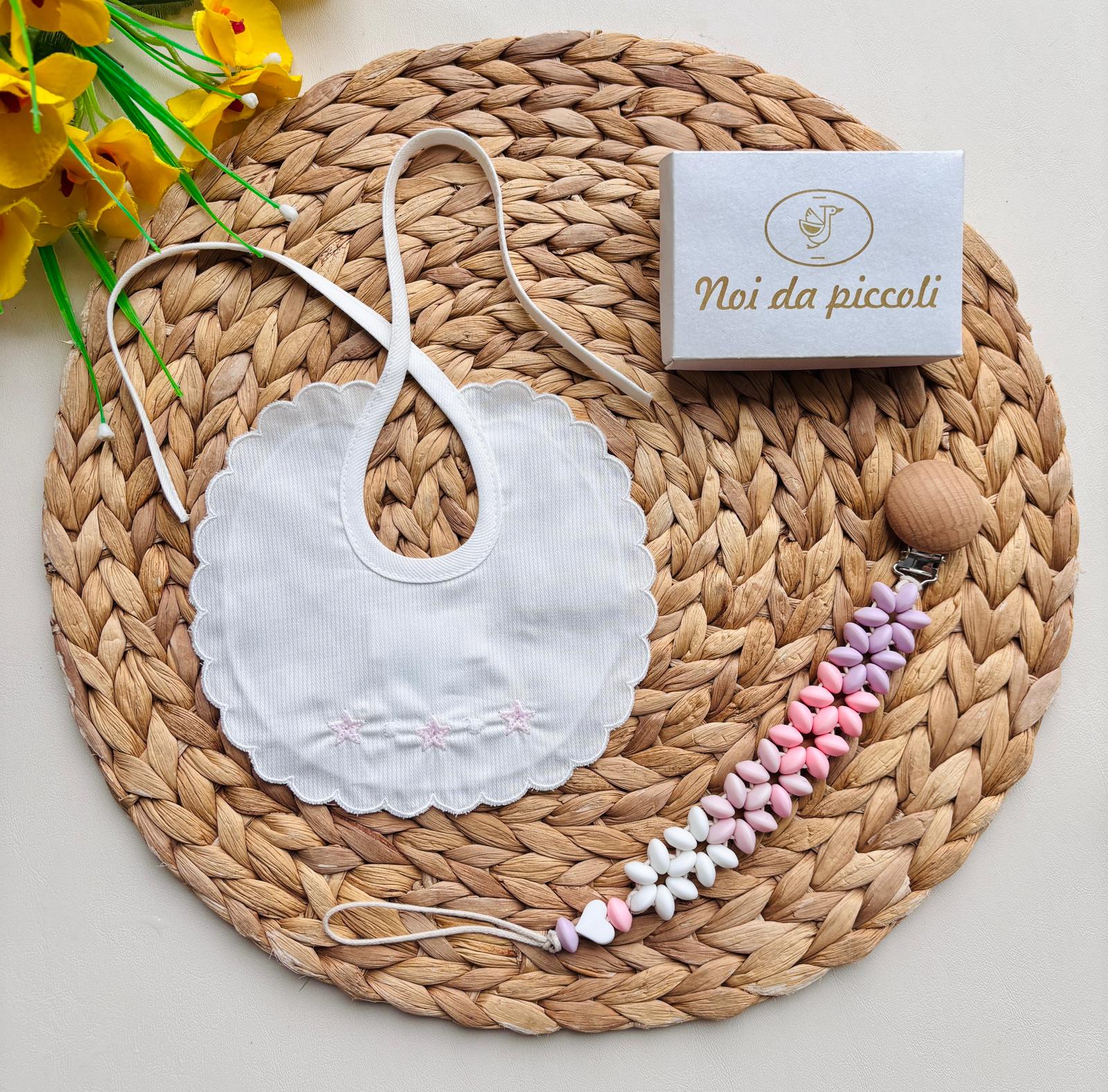 BAVETTA STELLINE E POIS 100% COTONE PIQUET BIANCO ROSA - Noi da piccoli