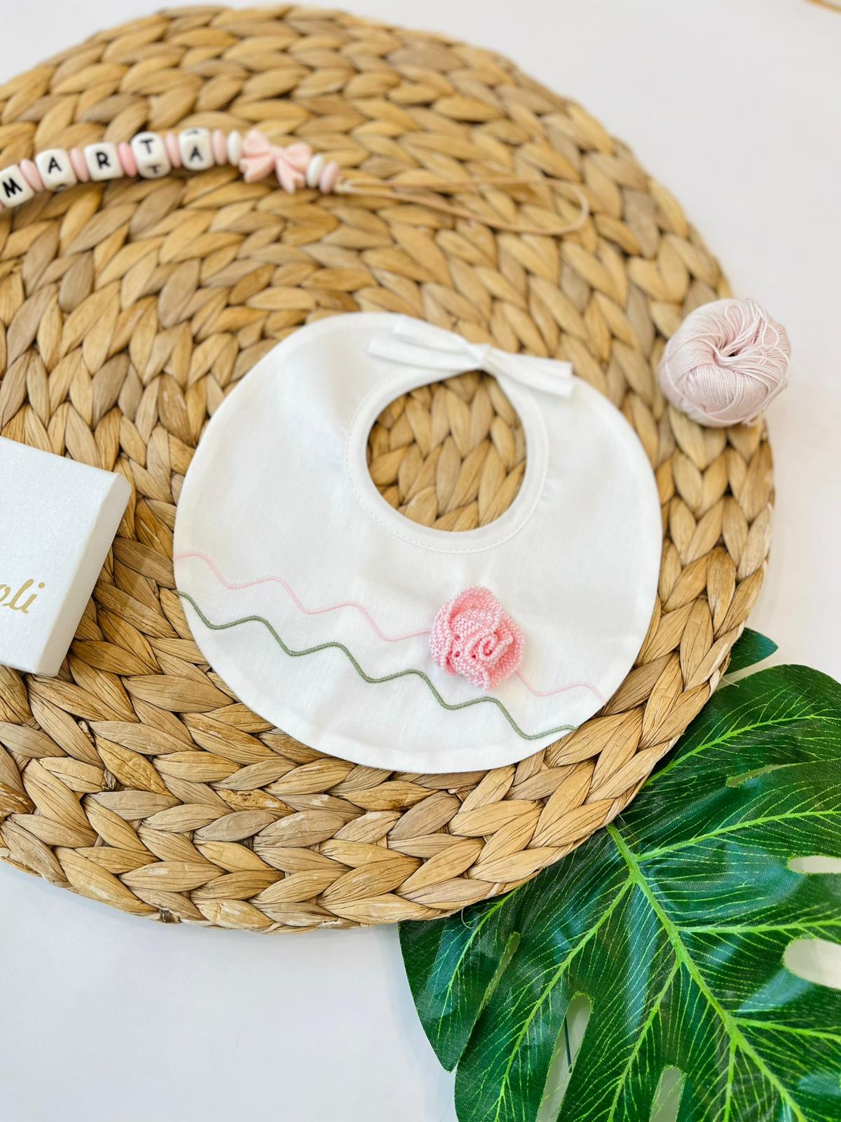 BAVETTO CON ROSELLINA 100 % COTONE ROSA VERDE - Noi da piccoli