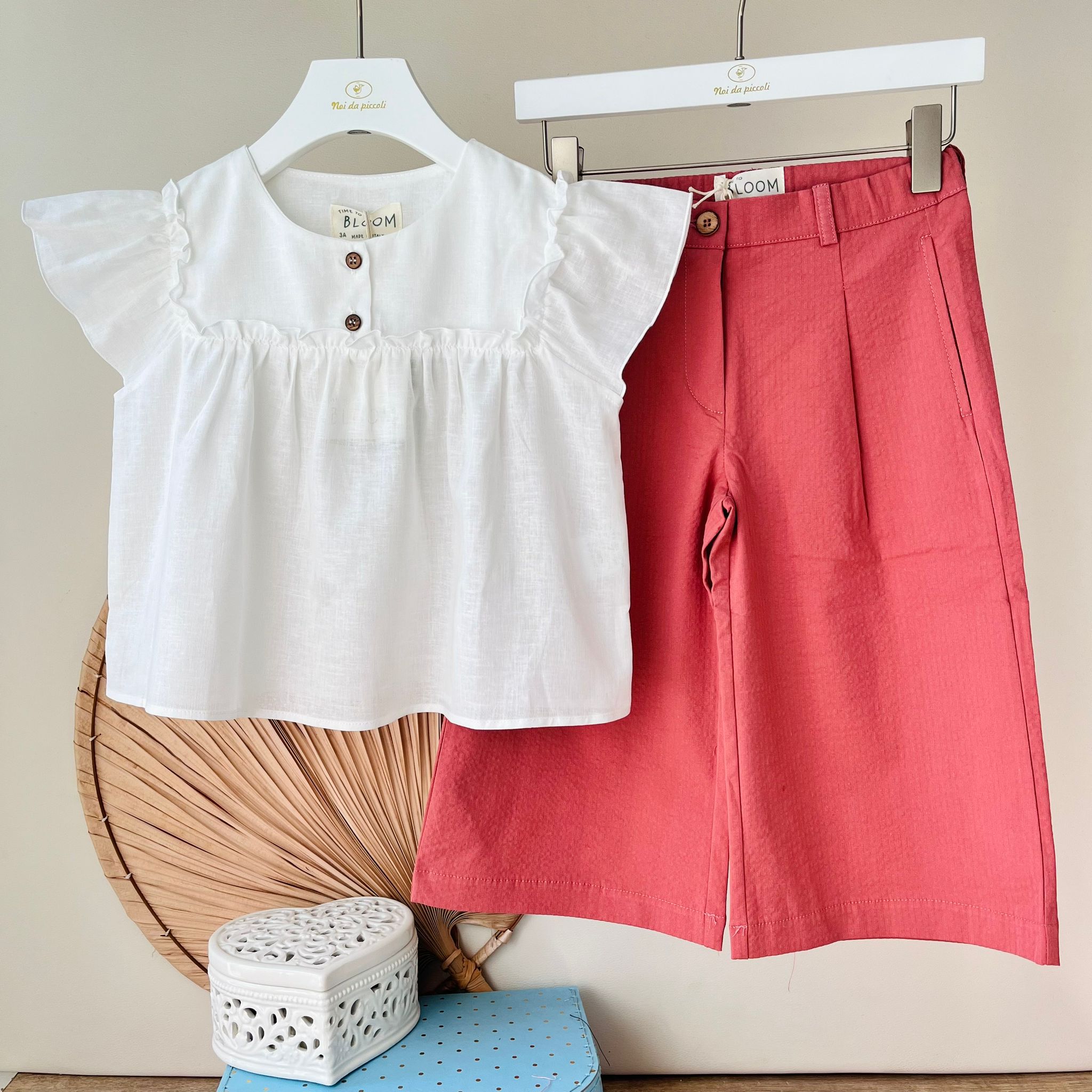 BLUSA CON PANTALONE LINO E COTONE BIANCO ROSSO - Noi da piccoli