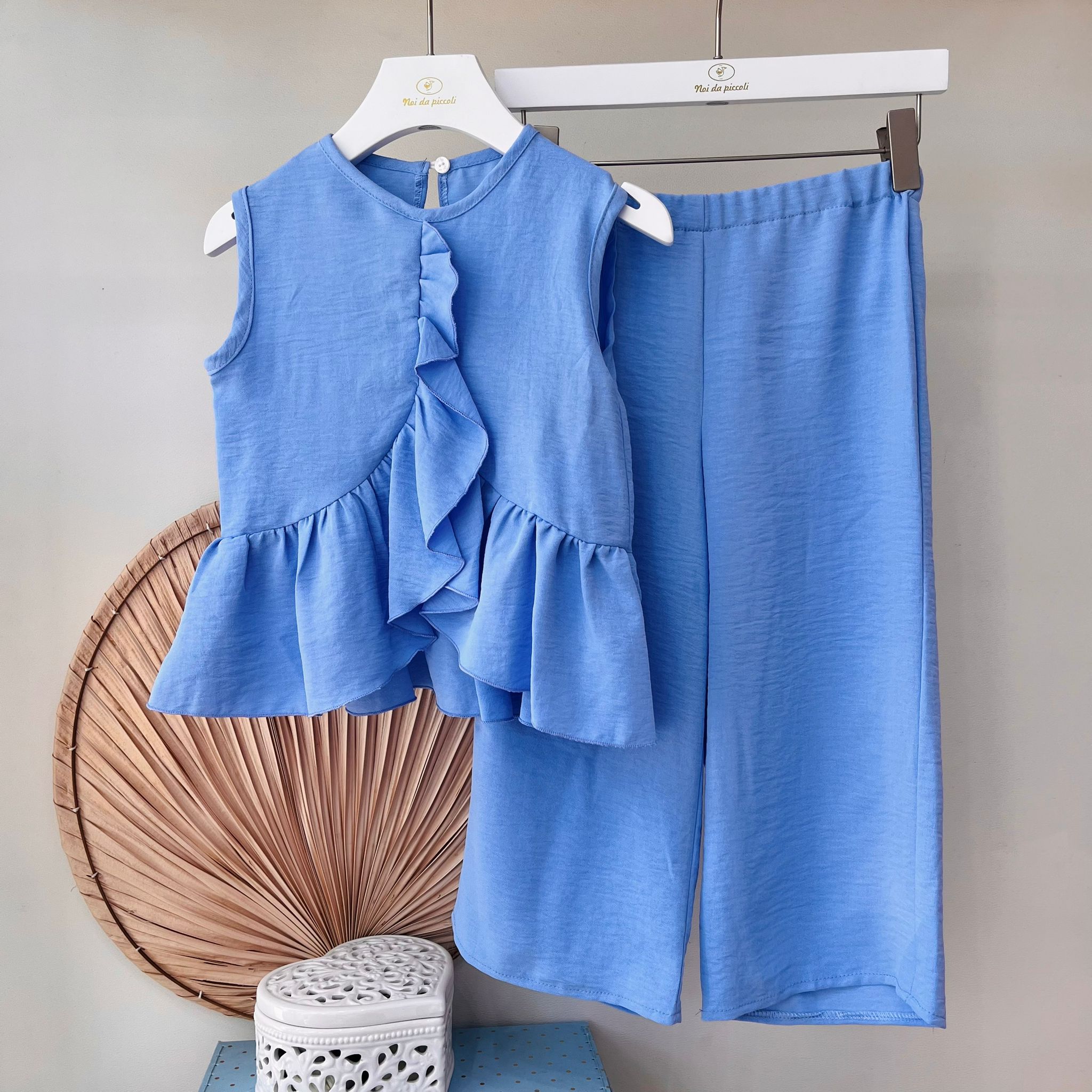 BLUSA CON PANTALONE TRIESTE 100 % COTONE AZZURRO - Noi da piccoli