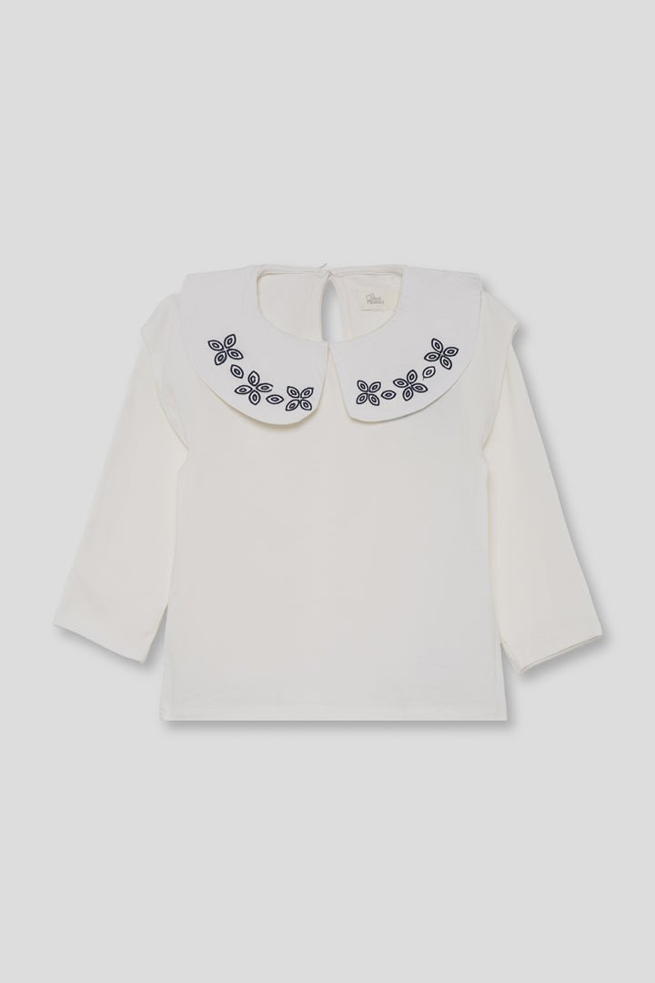 Blusa IN COTONE CALDO CON RICAMI FLOREALI SUL COLLETTO BIANCO