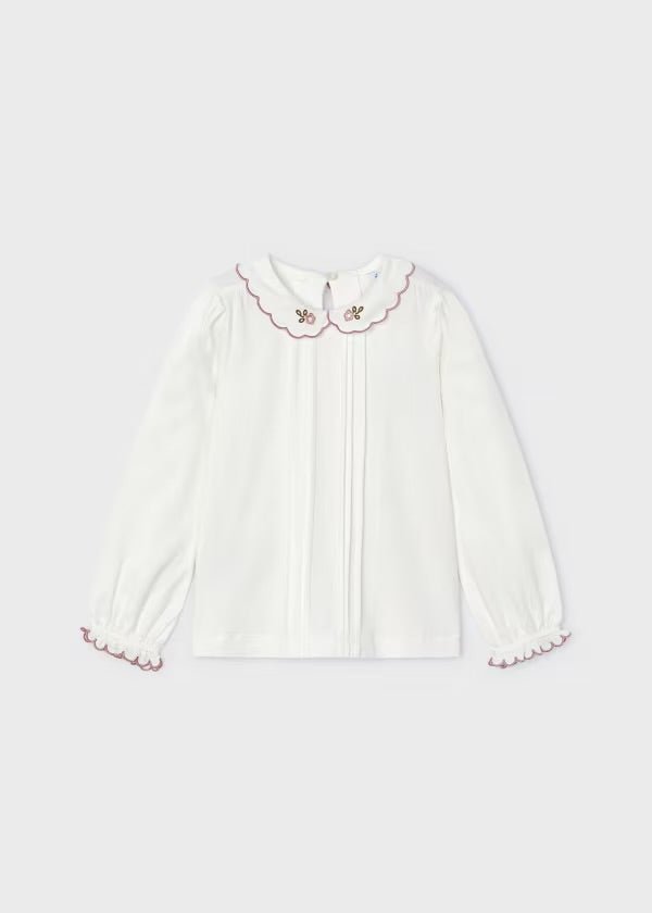 BLUSA PANNA CON COLLO RICAMATO ROSA - Noi da piccoli