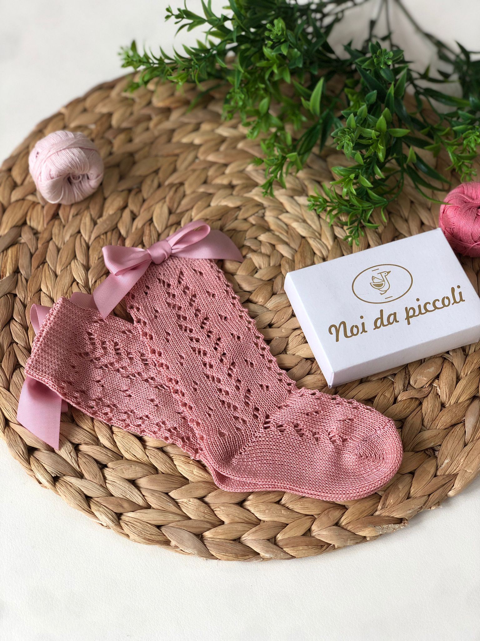 CALZINO ALTO TRAMATO FIOCCHETTO ROSA ANTICO CALDO COTONE - Noi da piccoli