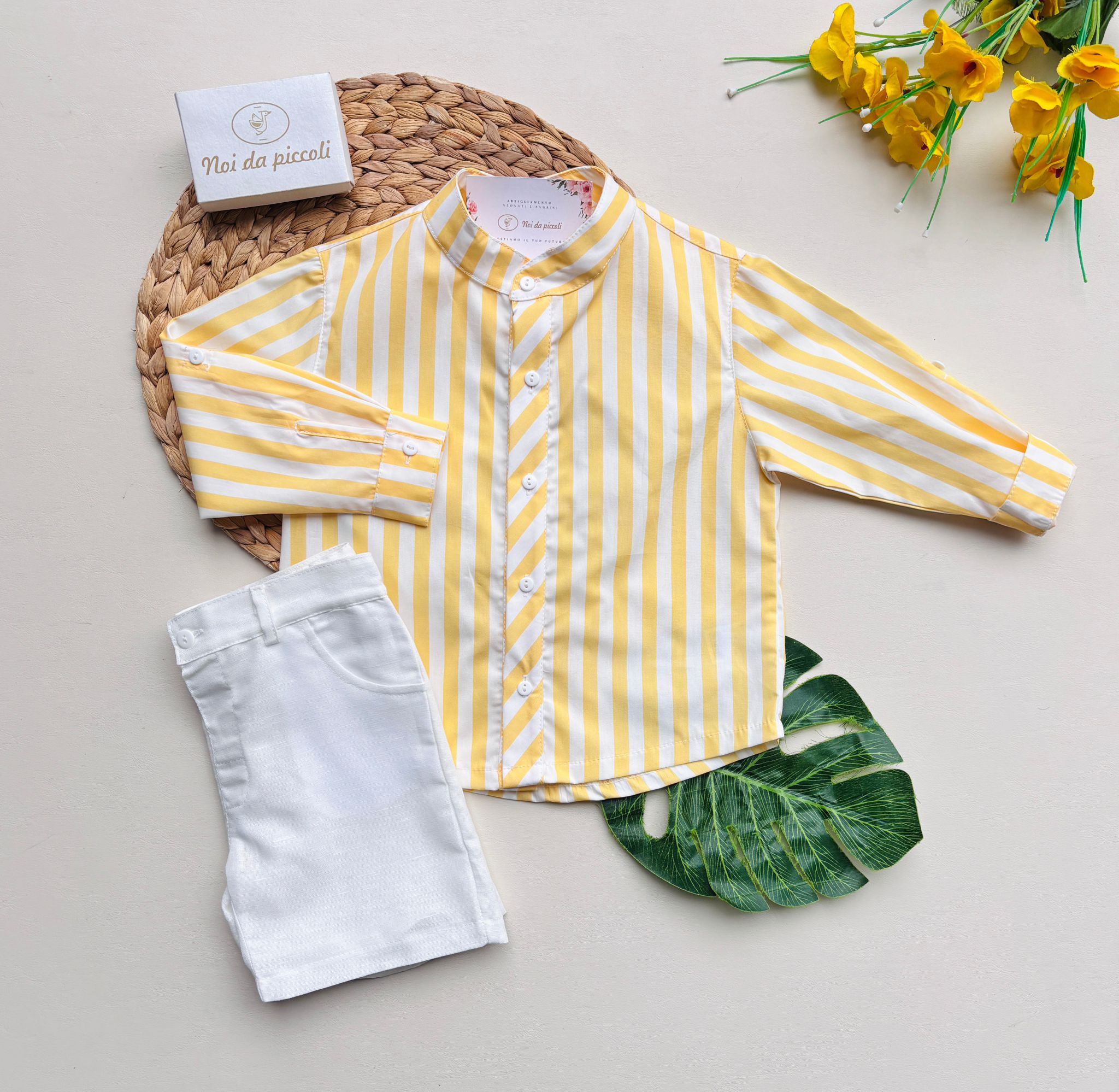 CAMICIA A RIGHE CON PANTALONCINO IN COTONE amarillo - Noi da piccoli