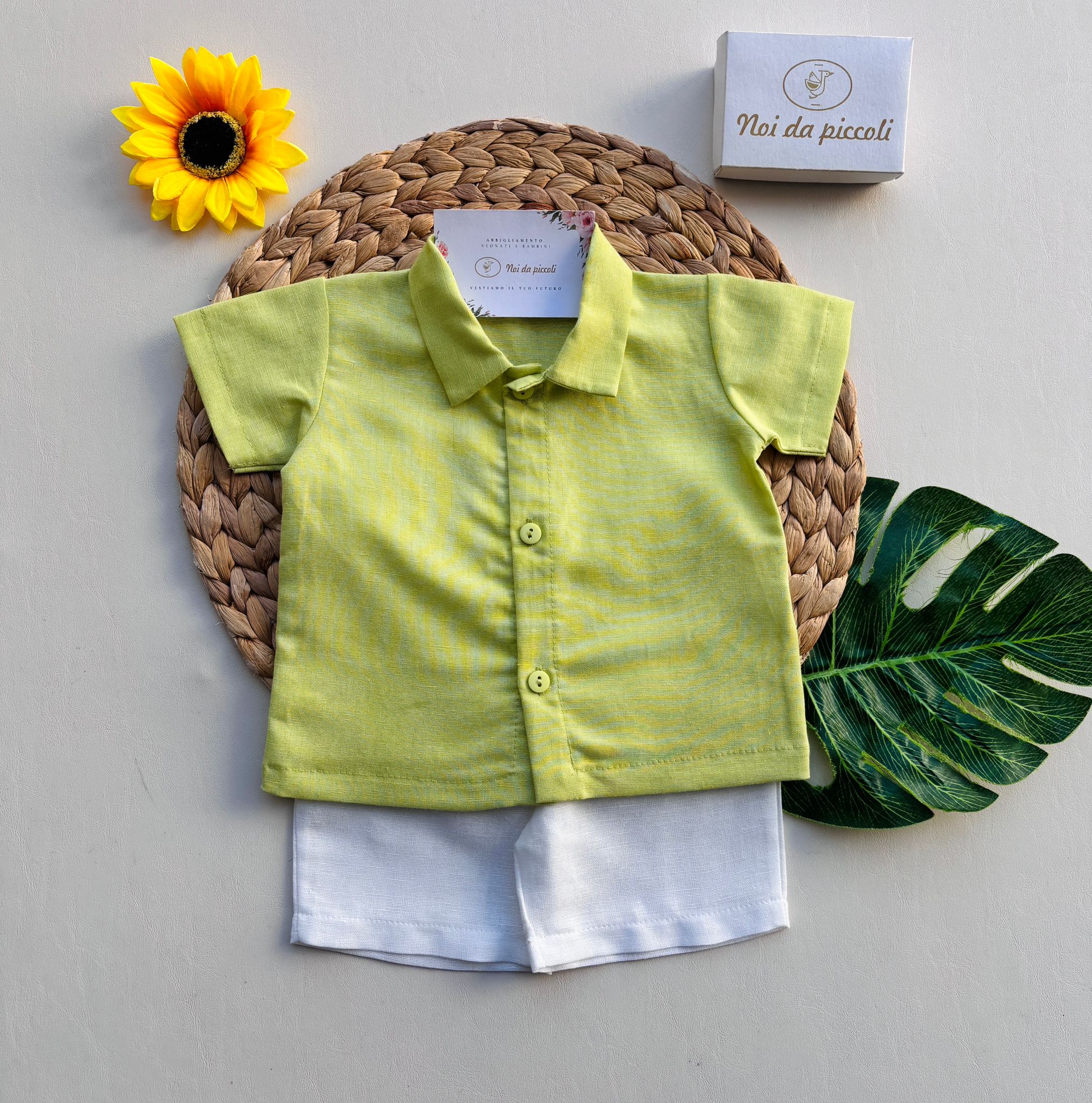 CAMICIA CON PANTALONCINO IN COTONE E LINO BIANCO E LIMA - Noi da piccoli