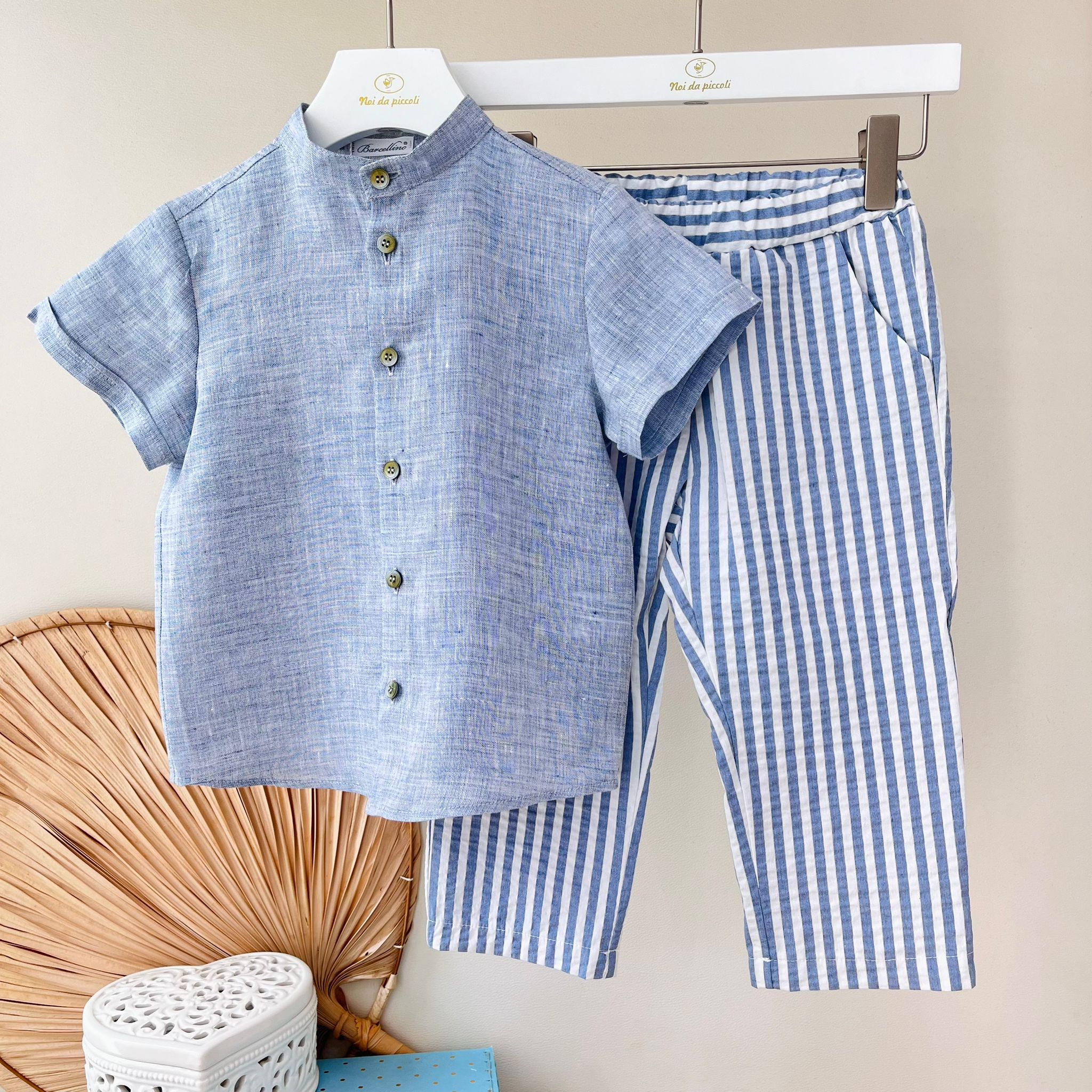 CAMICIA COREANA CON PANTALONE 100% LINO CIELO - Noi da piccoli