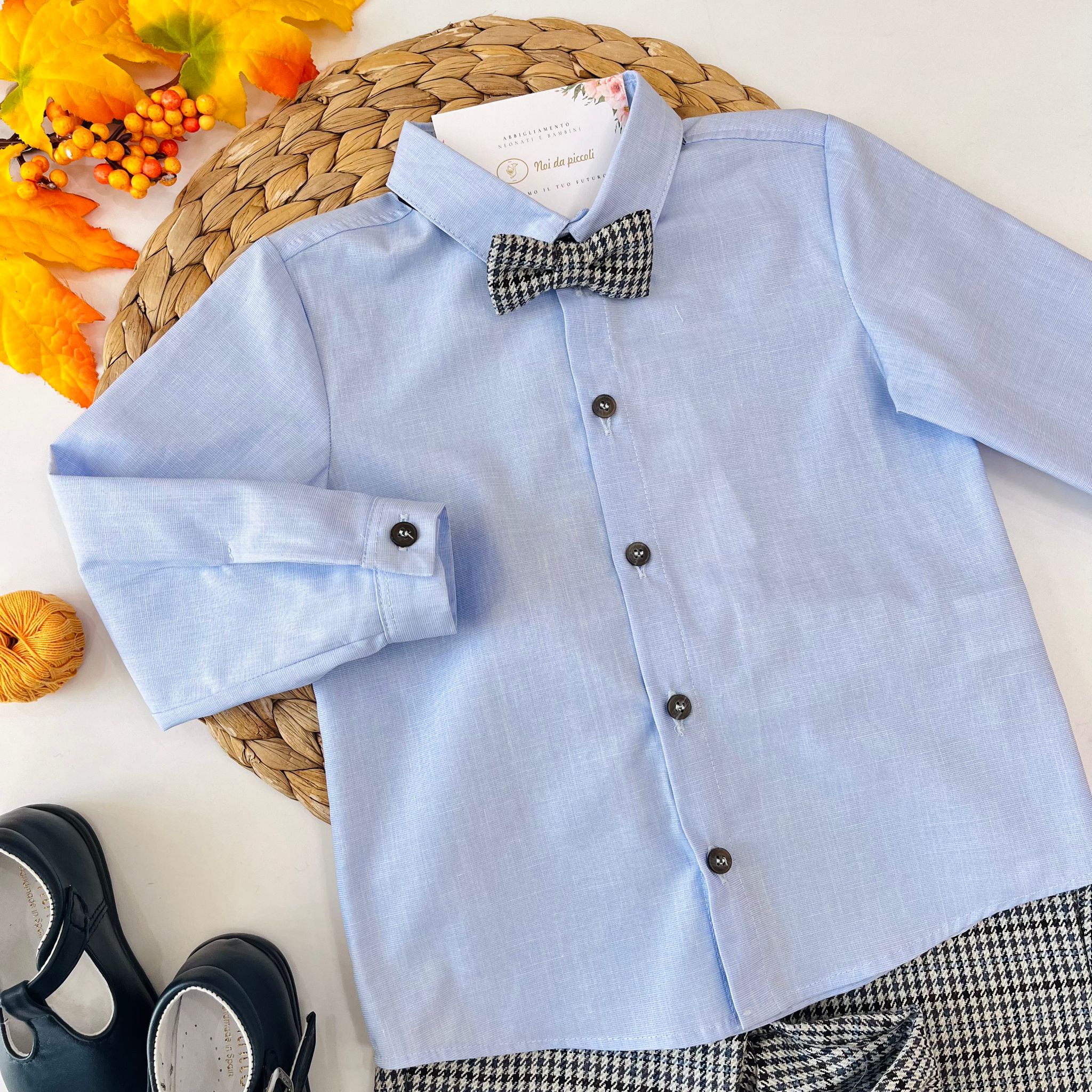 CAMICINA CON PANTALONE LUNGO QUADRETTI CELESTE - Noi da piccoli