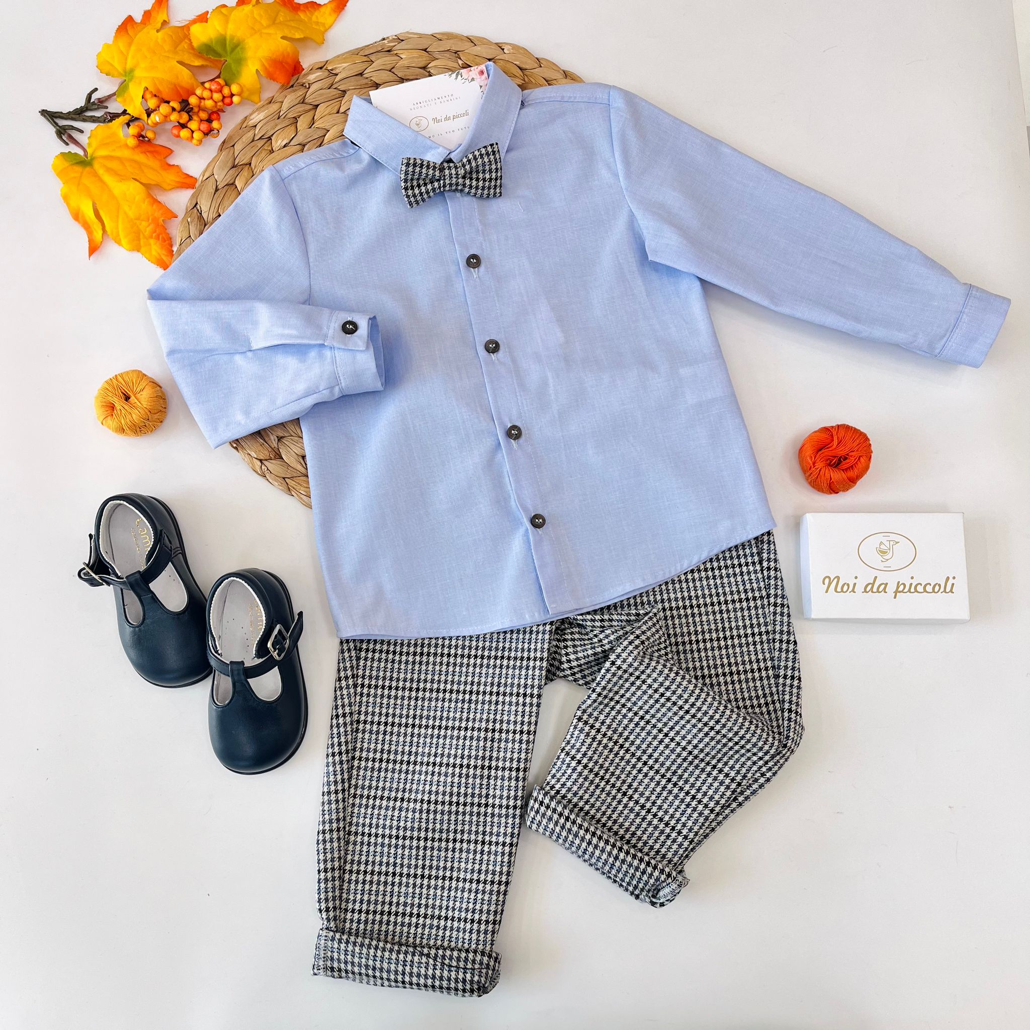 CAMICINA CON PANTALONE LUNGO QUADRETTI CELESTE - Noi da piccoli