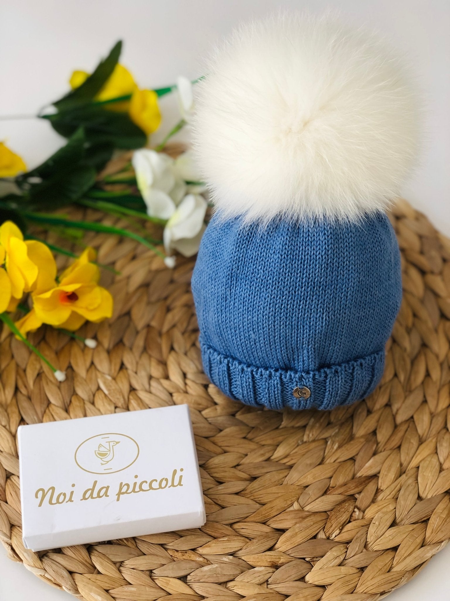 CAPPELLINO 1 POMPON LANA E VOLPE AVION E BIANCO - Noi da piccoli