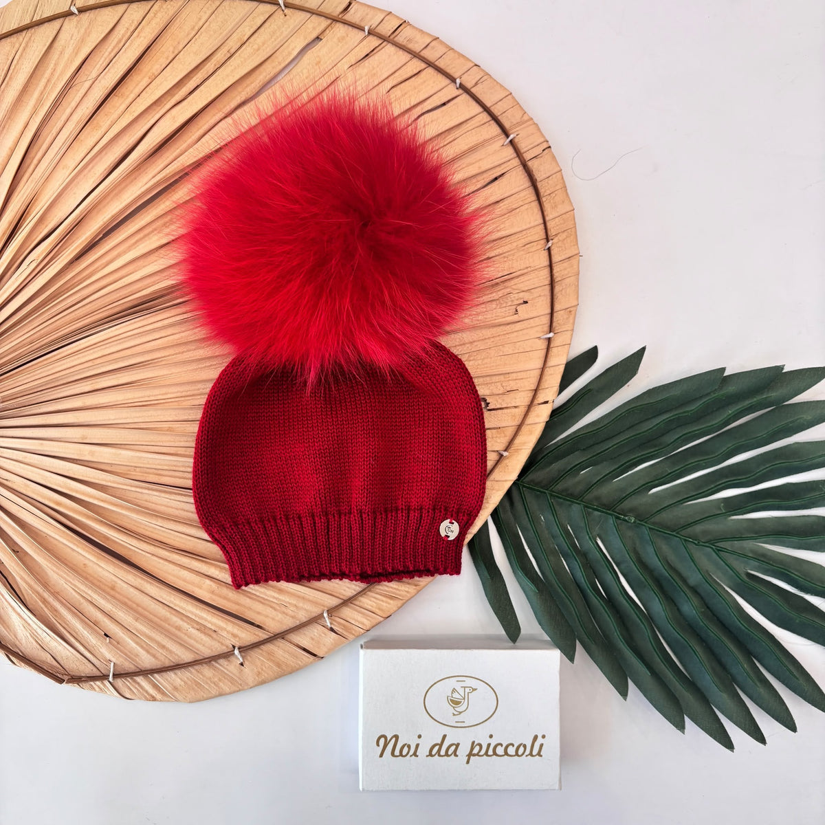 CAPPELLINO CUFFIETTA 1 PON POM VOLPE Lana Rosso - Noi da piccoli