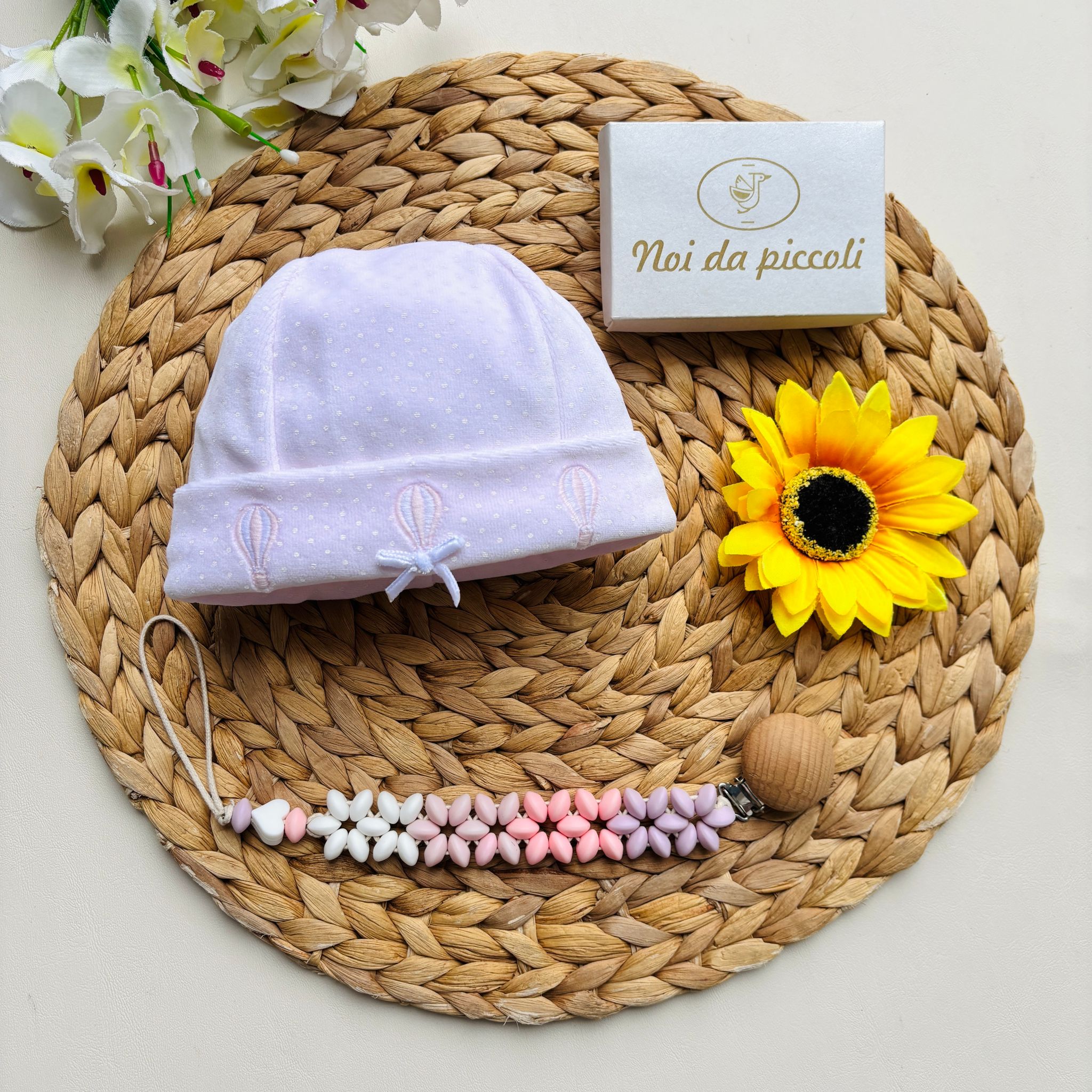 CAPPELLINO IN CINIGLIA A POIS CON MONGOLFIERE ROSA - Noi da piccoli