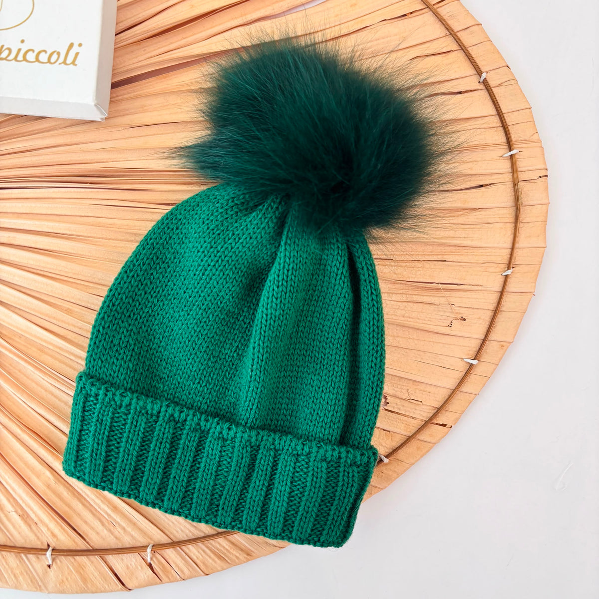 Green Wool Blend Hat with Faux Fur Pom-Pom PAPPA E LATTE - Noi da piccoli
