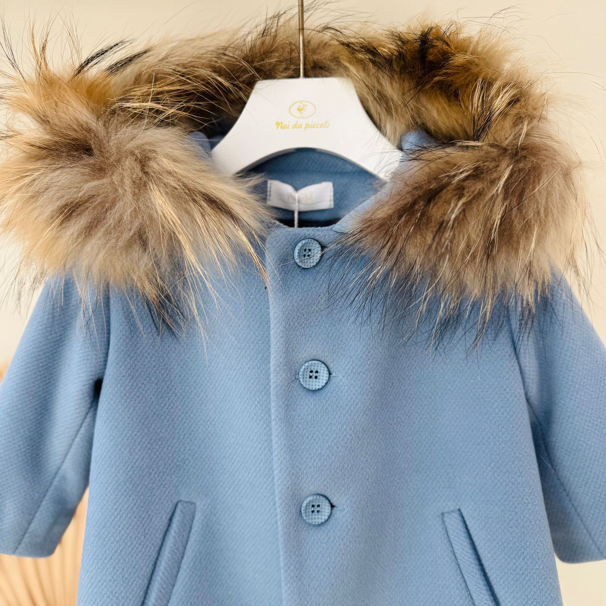 CAPPOTTO IN PANNO CO CAPPUCCIO IN PELLICCIA CIELO - Noi da piccoli