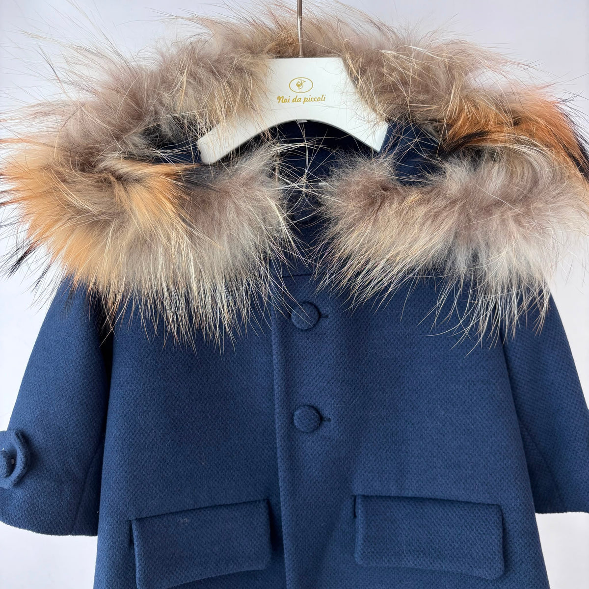CAPPOTTO in Panno con Cappuccio in Pelliccia BLU - Noi da piccoli
