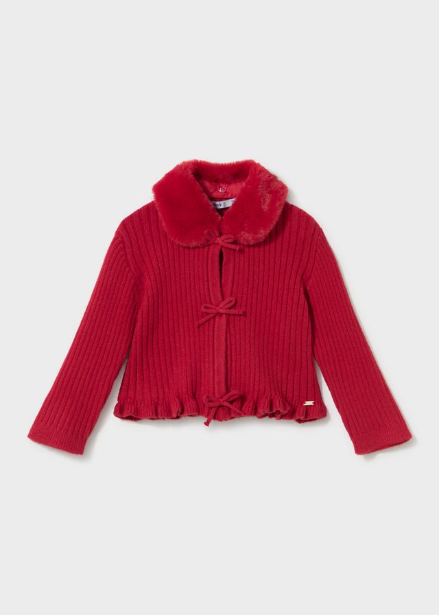 CARDIGAN IN FILATO CALDO ROSSO CON COLLETTO IN ECOPELLICCIA - Noi da piccoli
