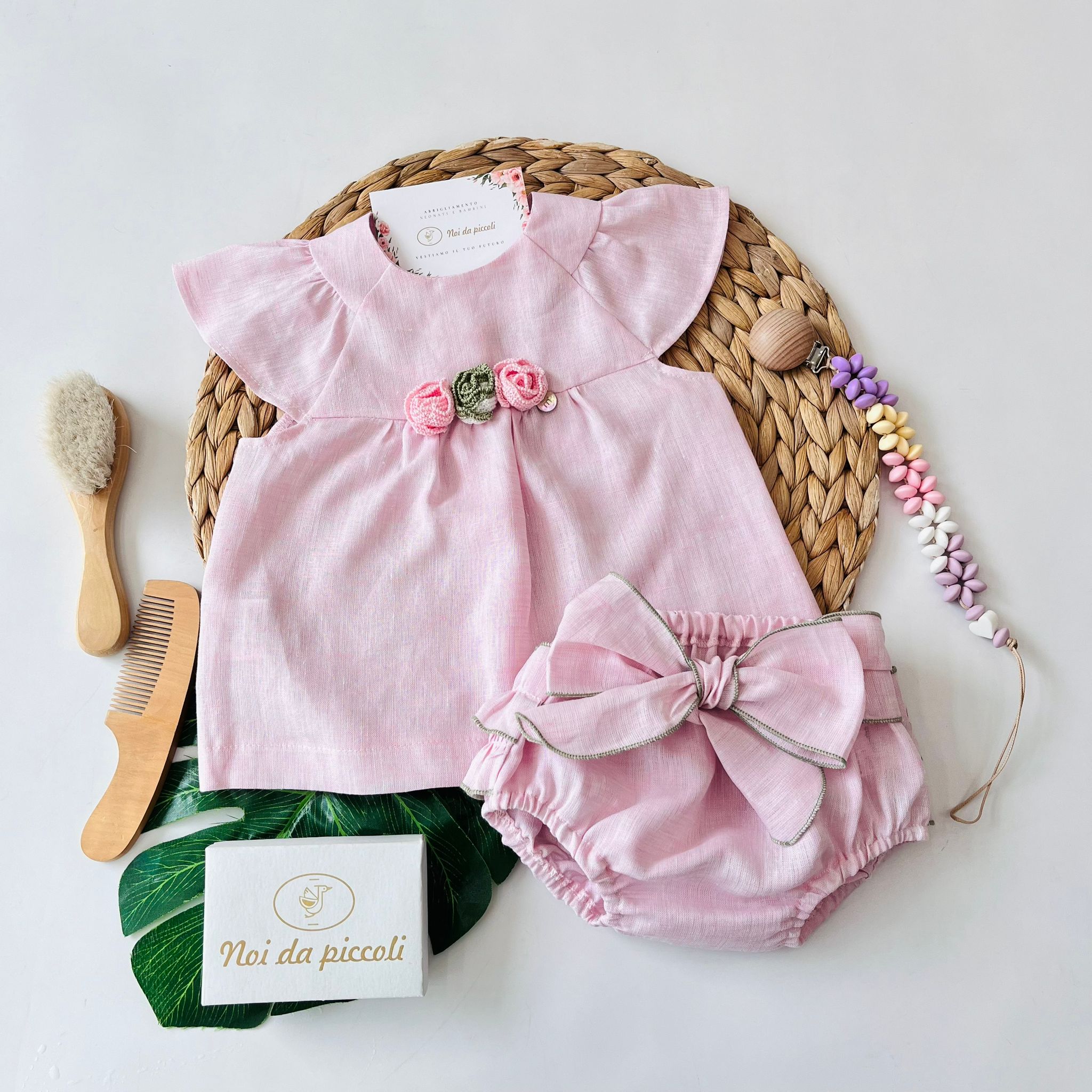 CASACCHINA CON CULOTTE OLIVIA 100% PURO LINO ROSA VERDE - Noi da piccoli