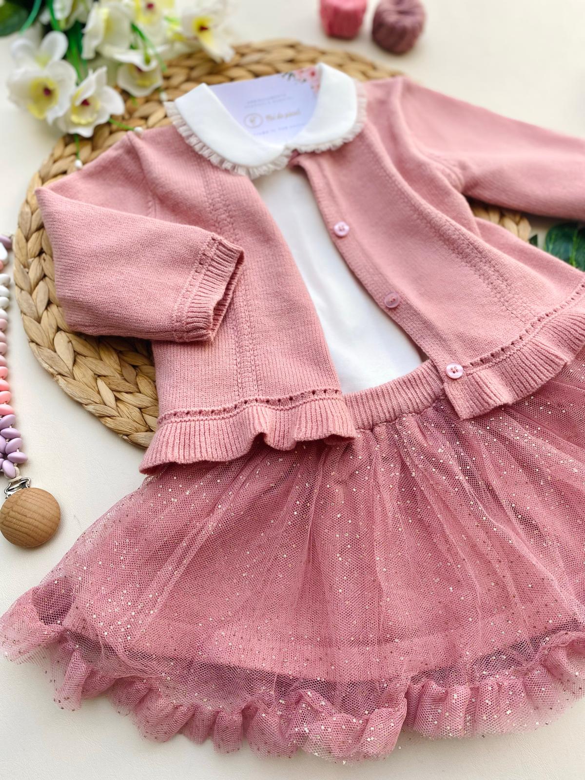 CMPLETO 3 PZ CON PAILLETTES ORO FILATO CALDO BIANCO ROSA - Noi da piccoli