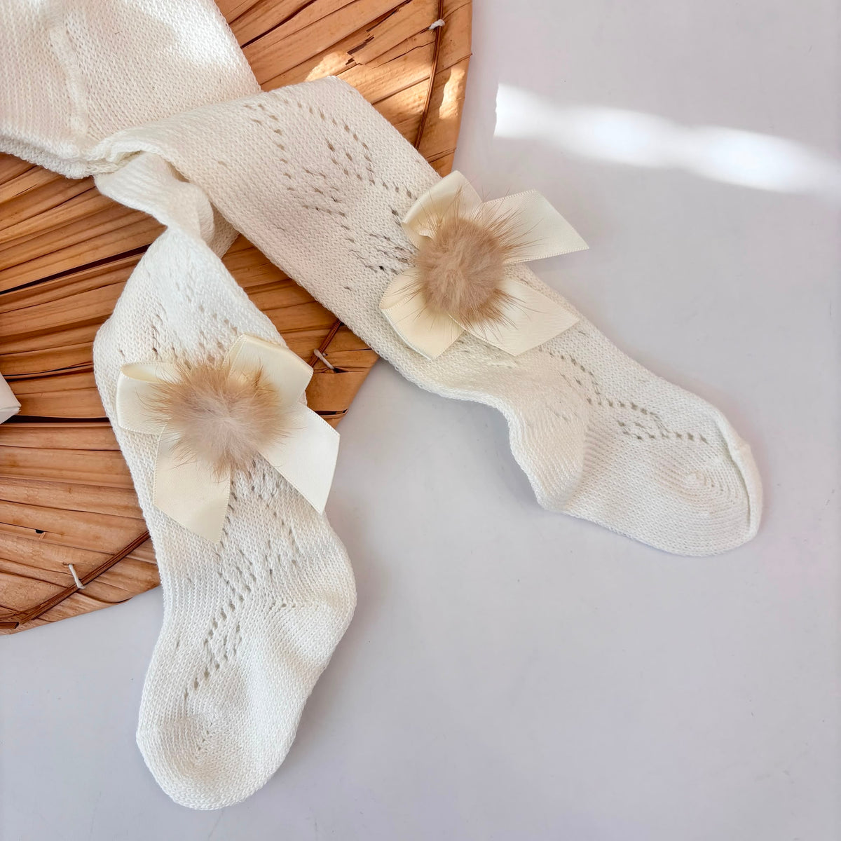 Cream Brushed Cotton Openwork Tights with Bow and Pom-Poms PAPPA E LATTE - Noi da piccoli