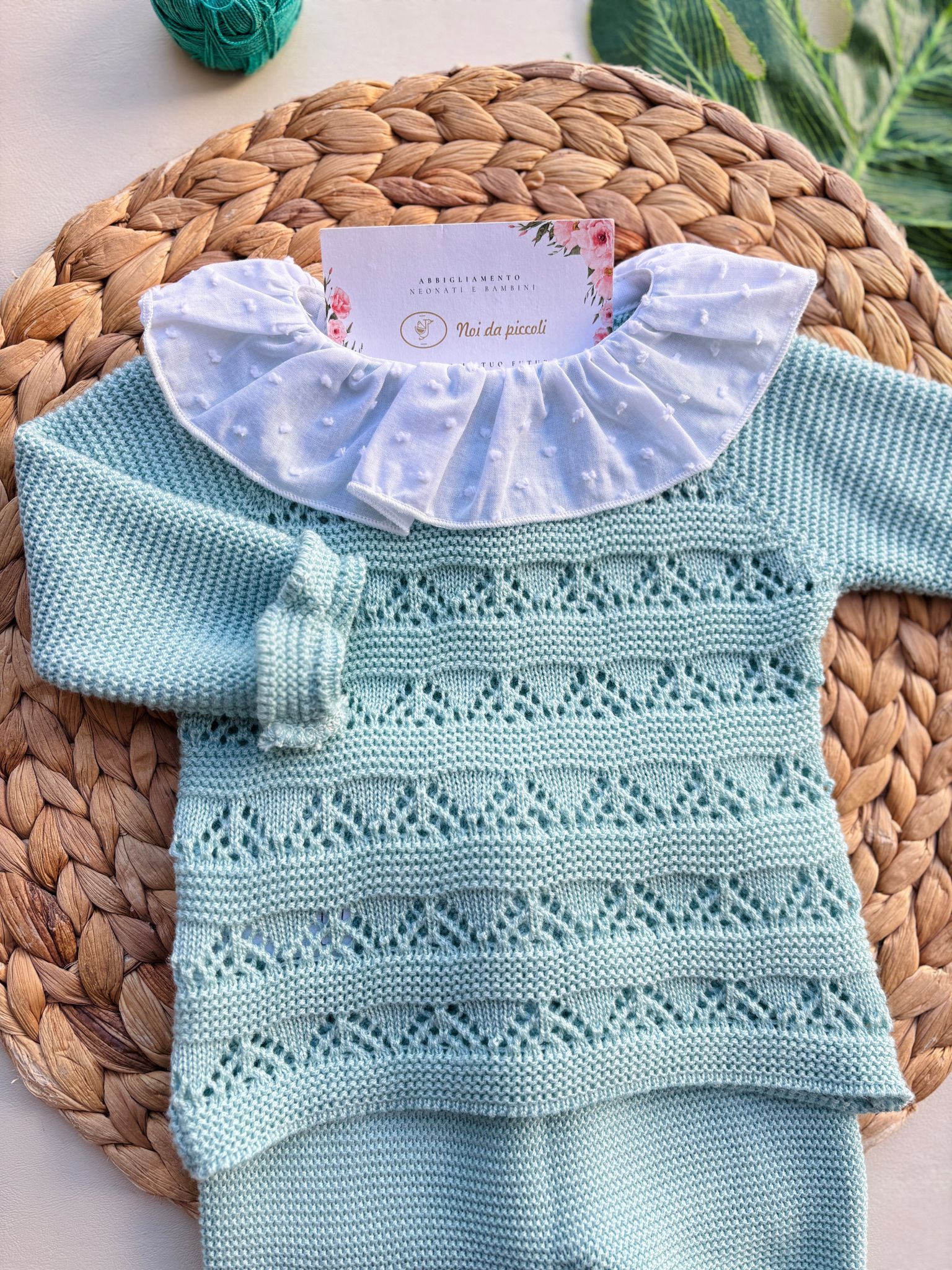 COMPETO 2 PZ IN COTONE E ACRILICO CON COLLETTO A VOLANT CON PUNTI NODINI VERDE ACQUA - Noi da piccoli