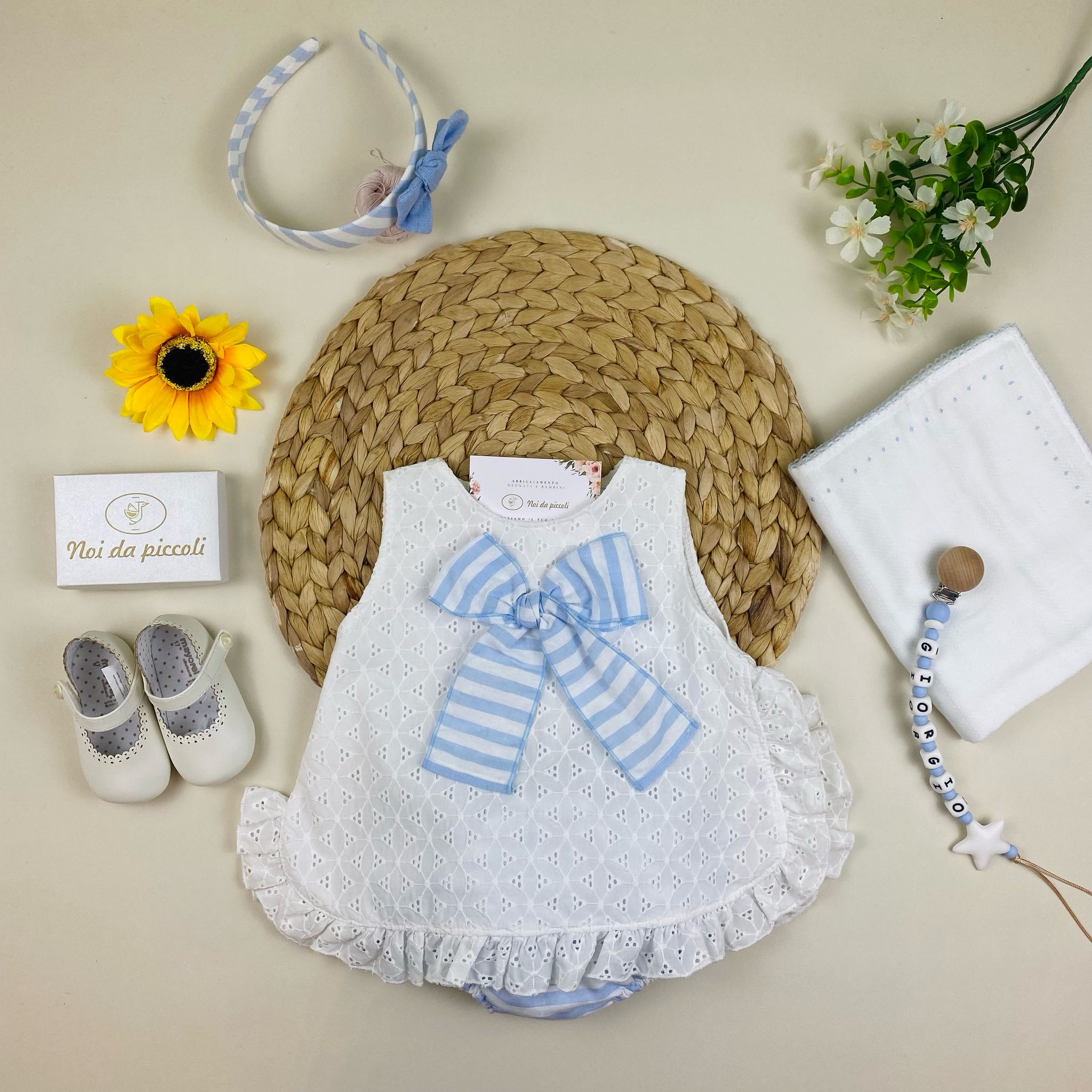 completo 2 pz bianco e righine cielo - Noi da piccoli