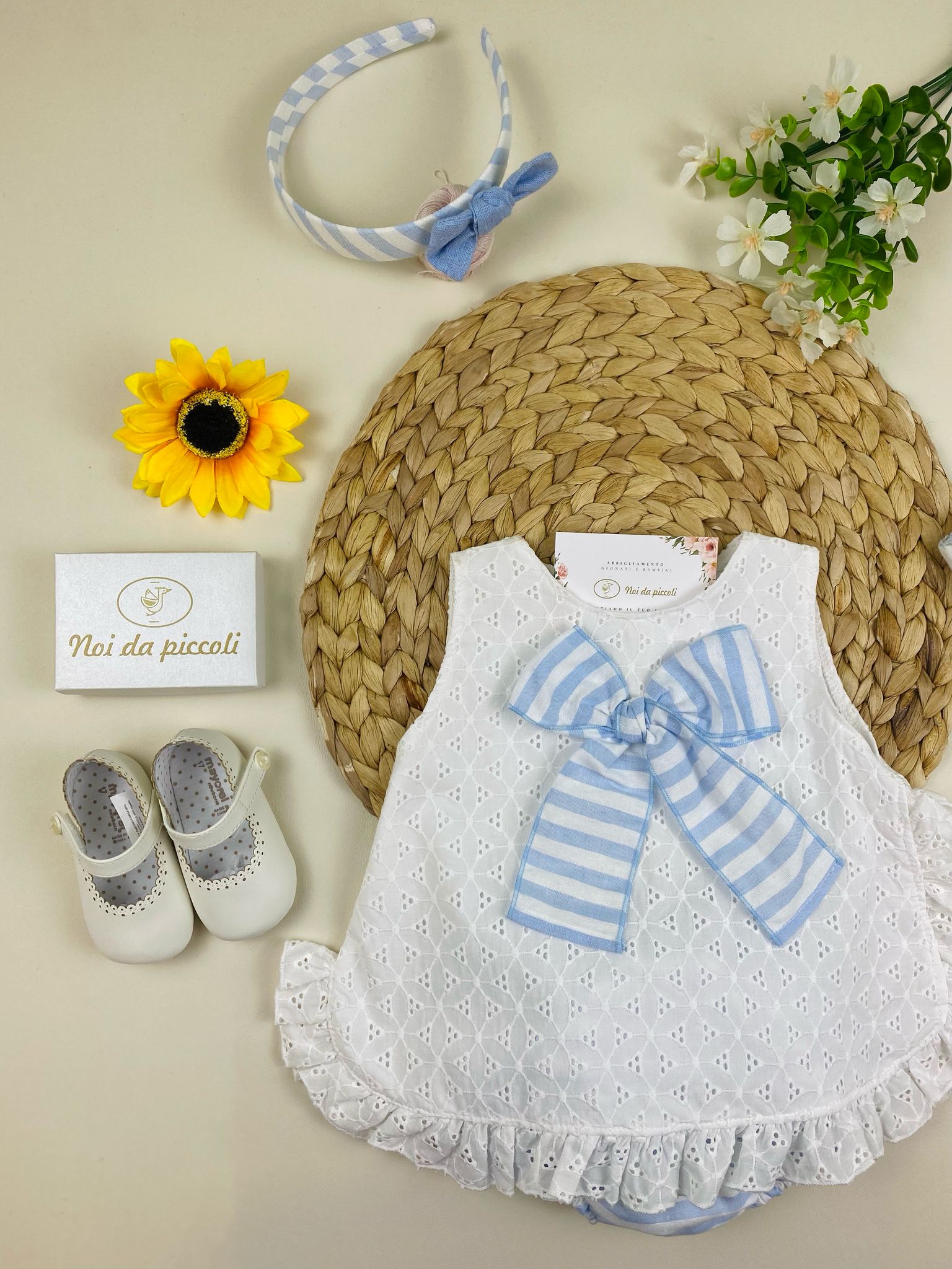 completo 2 pz bianco e righine cielo - Noi da piccoli