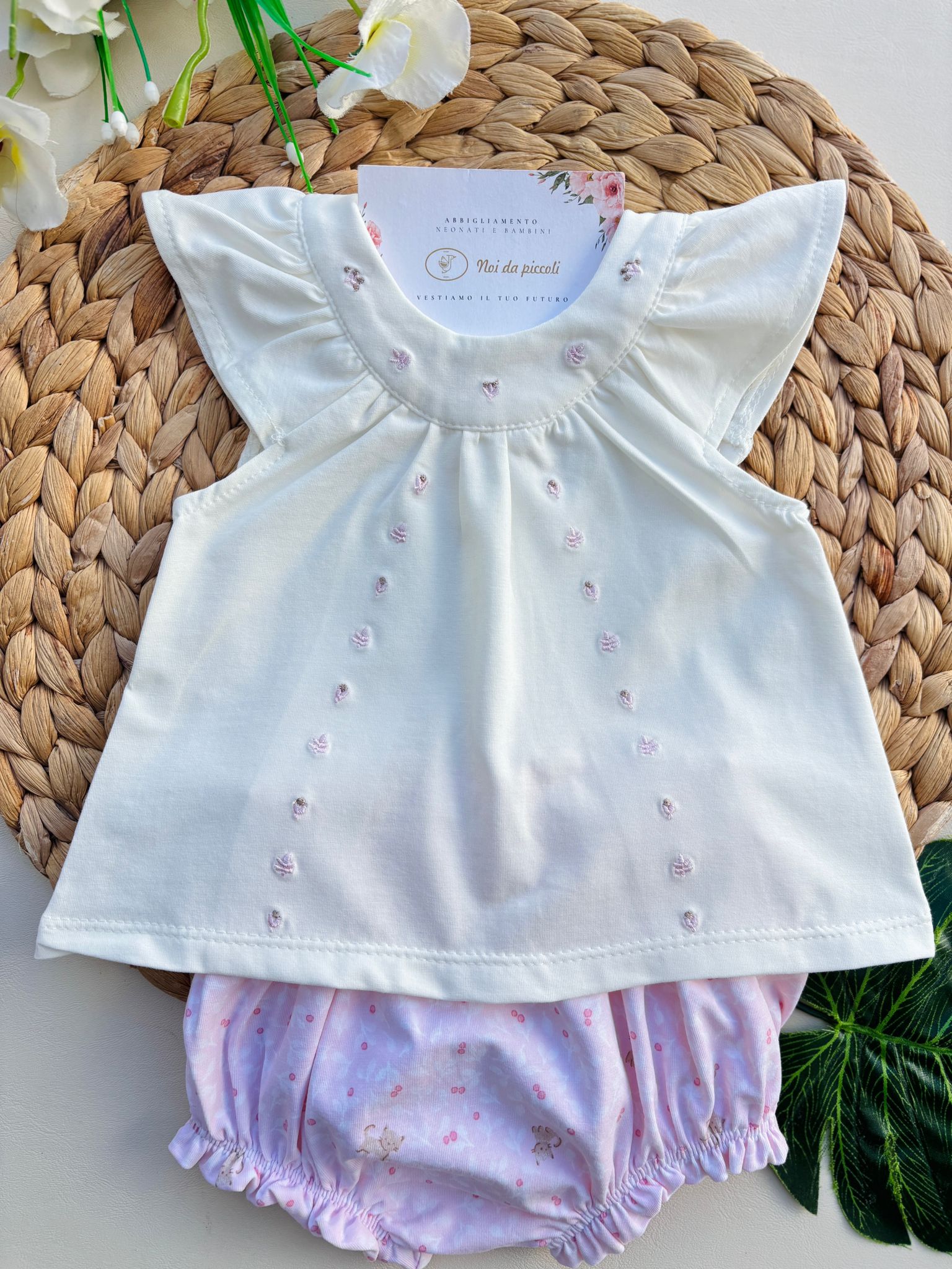 COMPLETO 2 PZ CON DISEGNINI COTONE BIANCO ROSA - Noi da piccoli