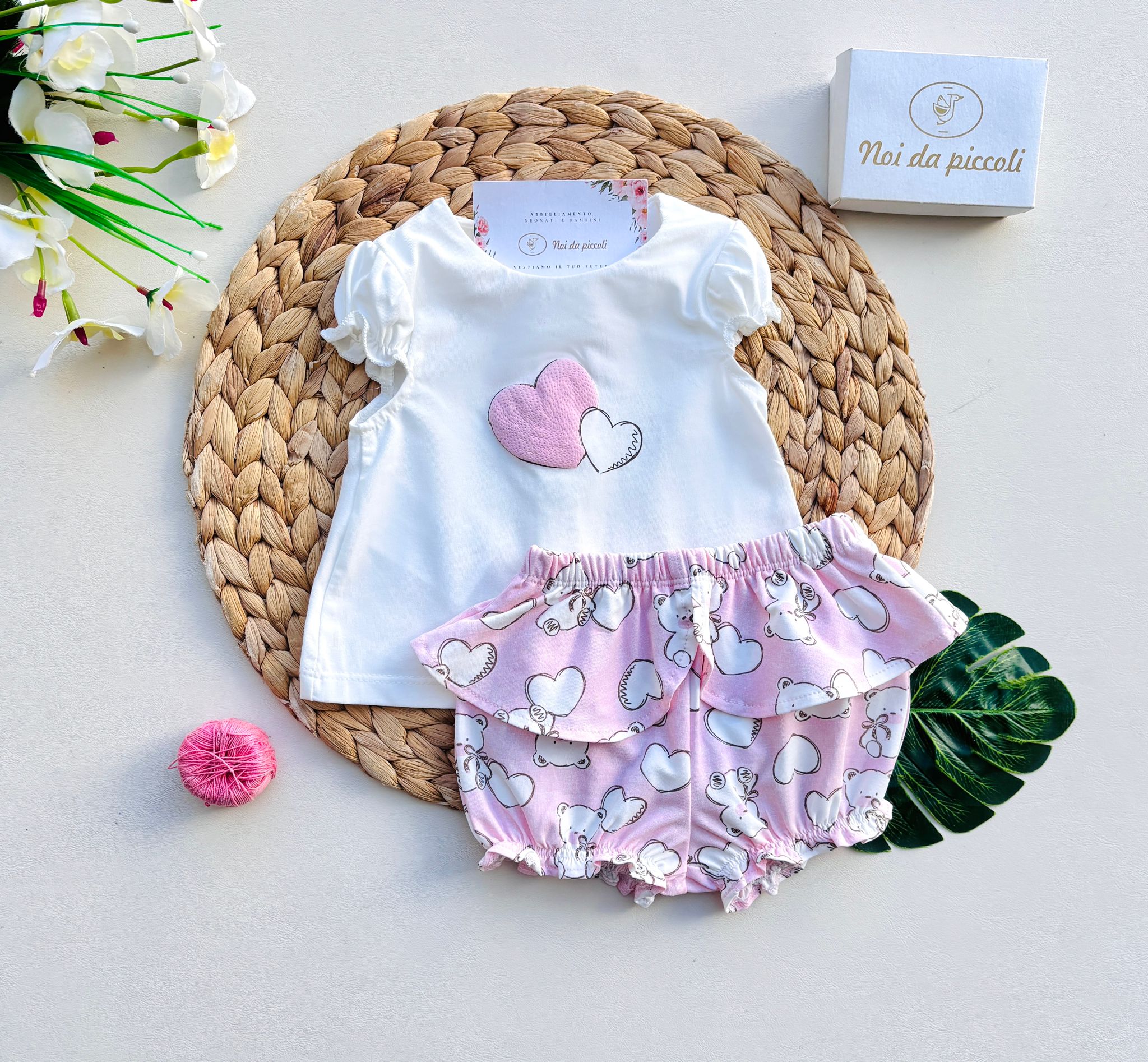 COMPLETO 2 PZ CON ORSETTI E CUORICINI COTONE ROSA BABY - Noi da piccoli