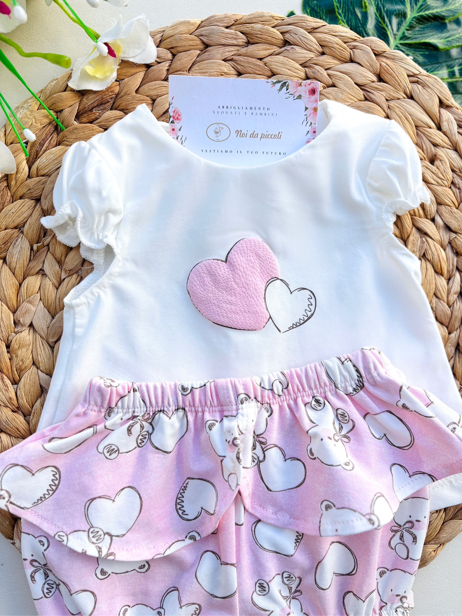 COMPLETO 2 PZ CON ORSETTI E CUORICINI COTONE ROSA BABY - Noi da piccoli