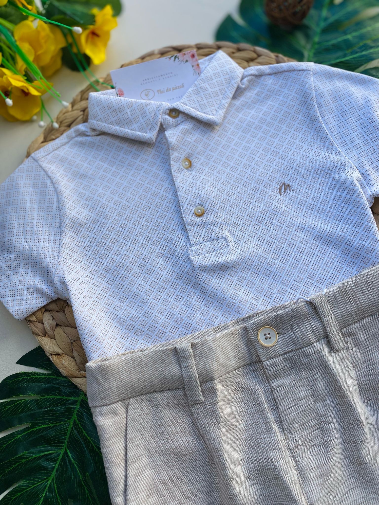 completo 2 pz con pantaloncino beige e magliettina panna a pois - Noi da piccoli