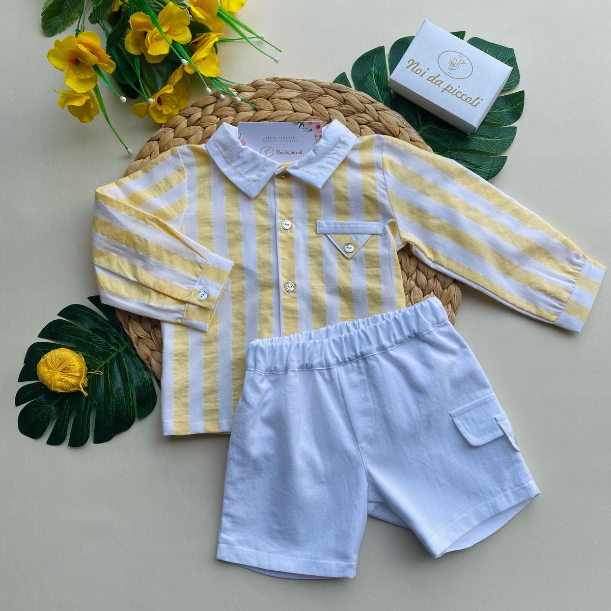 completo pz con pantaloncino bianco e camicia a righe bianco e giallo BIANCO GIALLO 12 mesi