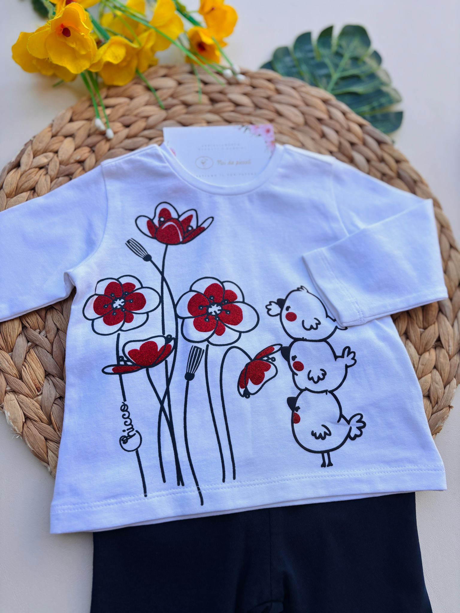 COMPLETO 2 PZ CON PULCINI E FIORELLINI BIANCO BLU - Noi da piccoli