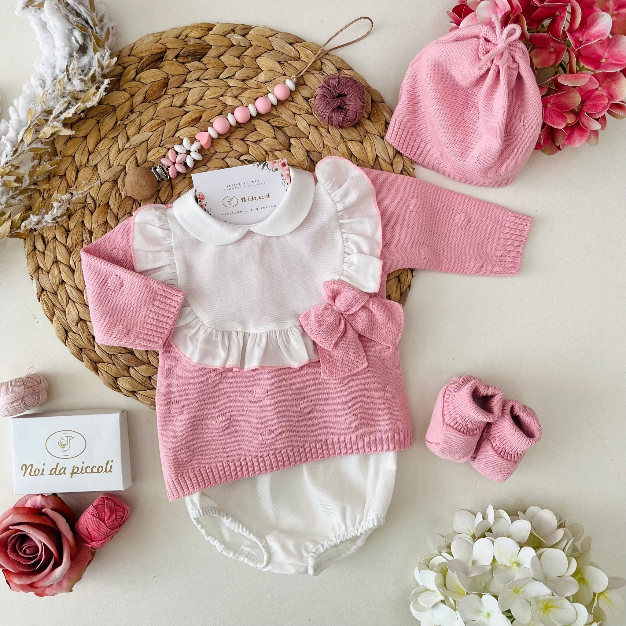 COMPLETO 2 PZ CON SET PARURE ROSA BEBE MISTO LANA - Noi da piccoli