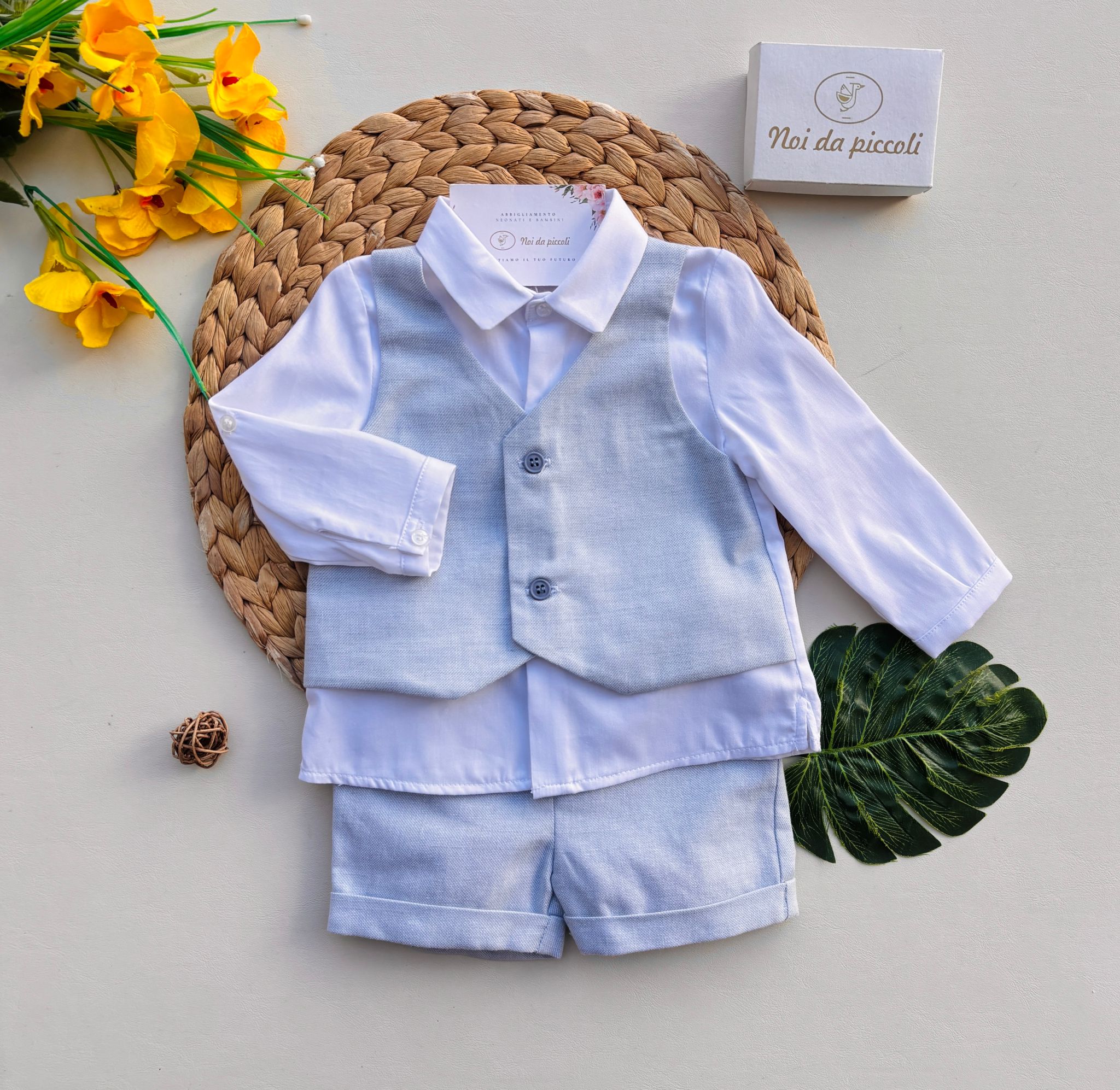 COMPLETO 2 PZ ELEGANTE IN COTONE E LINO CIELO - Noi da piccoli