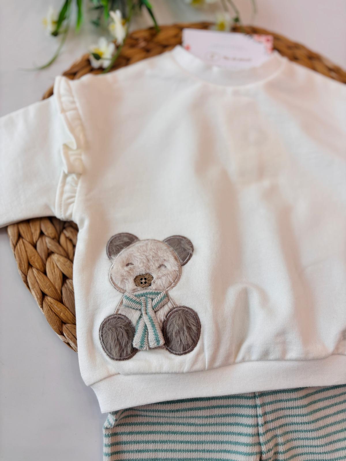 COMPLETO 2 PZ IN CALDO COTONE A RIGHE E ORSETTO BIANCO VERDE - Noi da piccoli