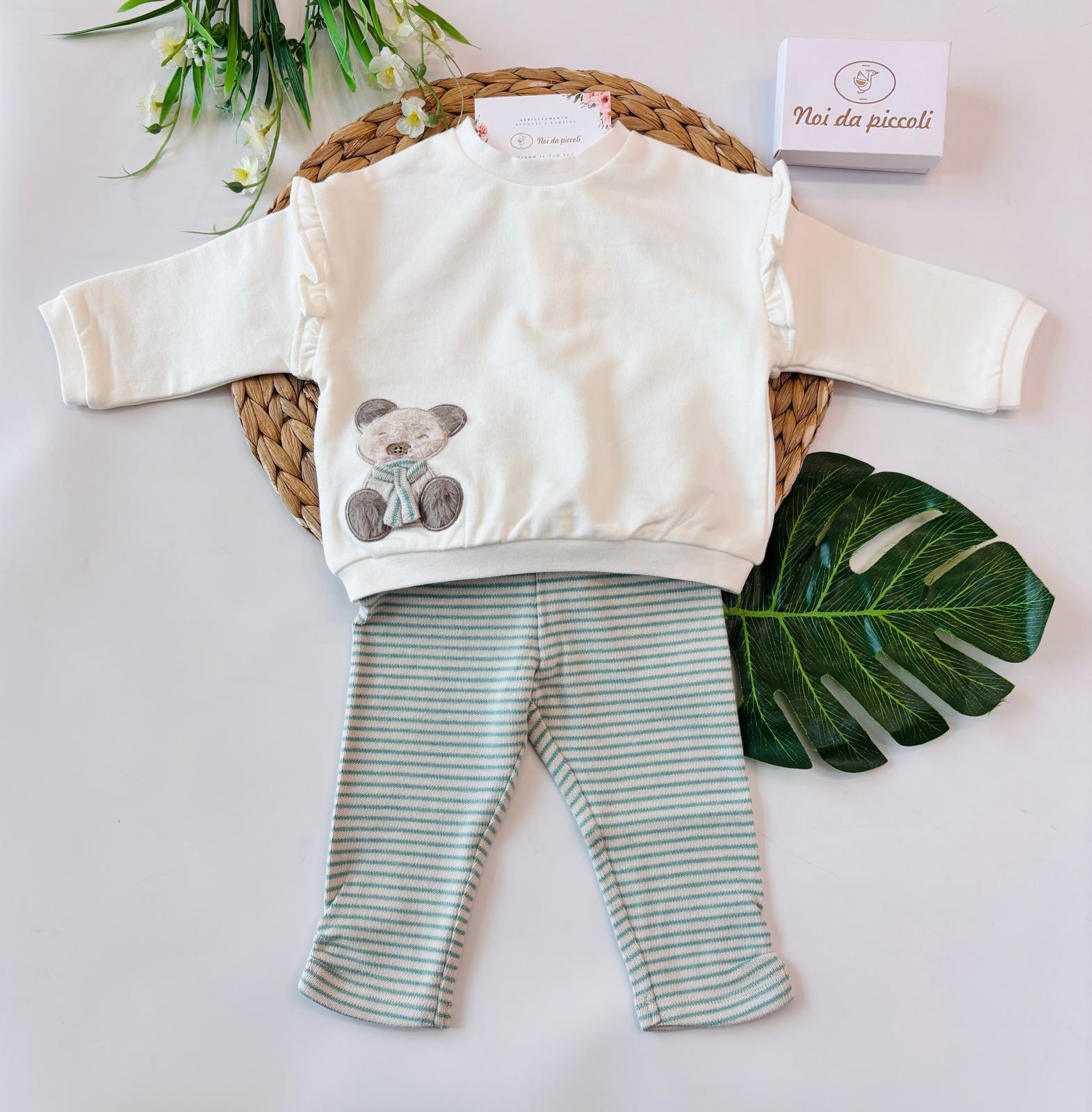 COMPLETO 2 PZ IN CALDO COTONE A RIGHE E ORSETTO BIANCO VERDE - Noi da piccoli