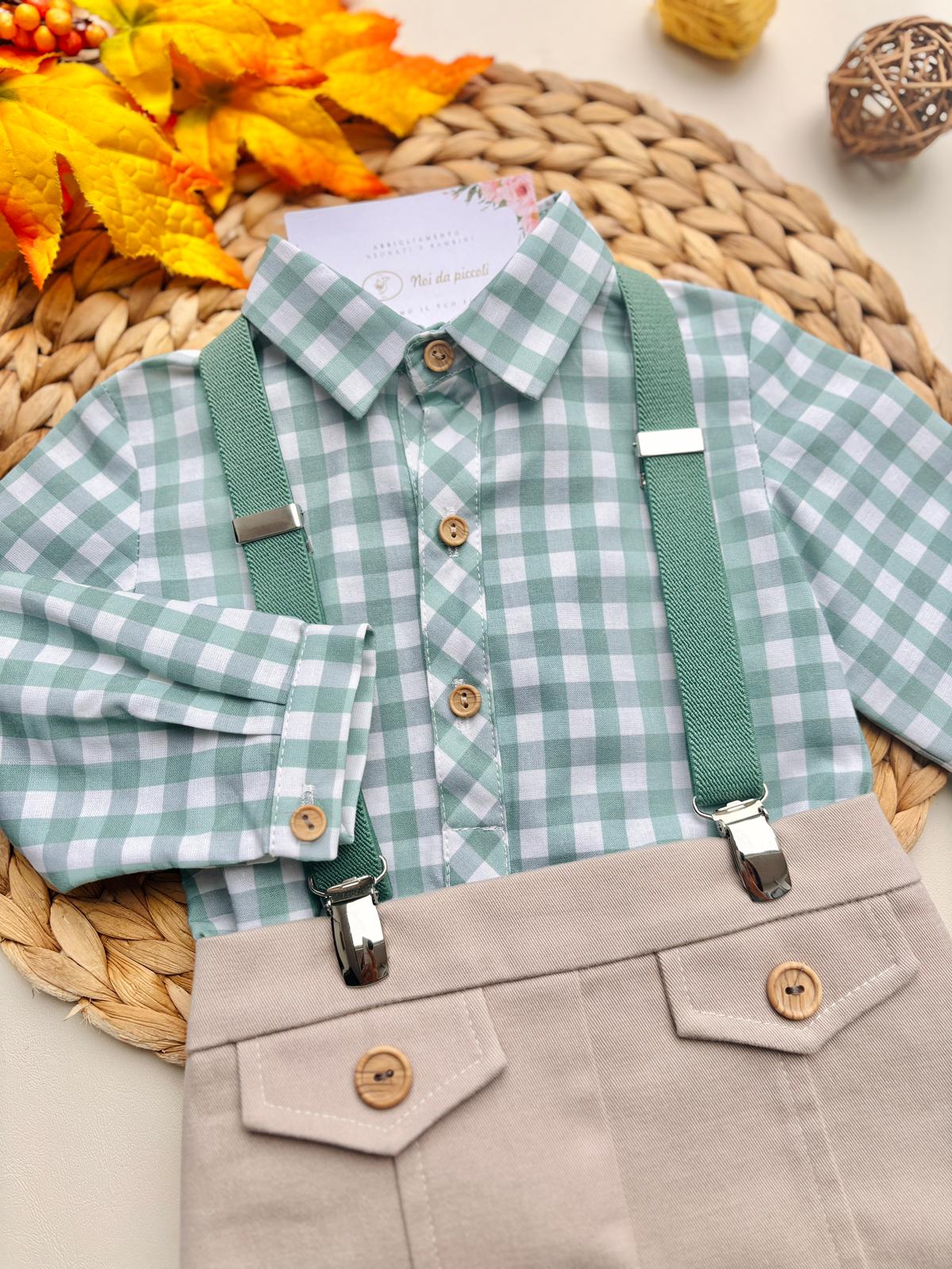 COMPLETO 2 PZ IN CALDO COTONE CON BRETELLE VERDE - Noi da piccoli