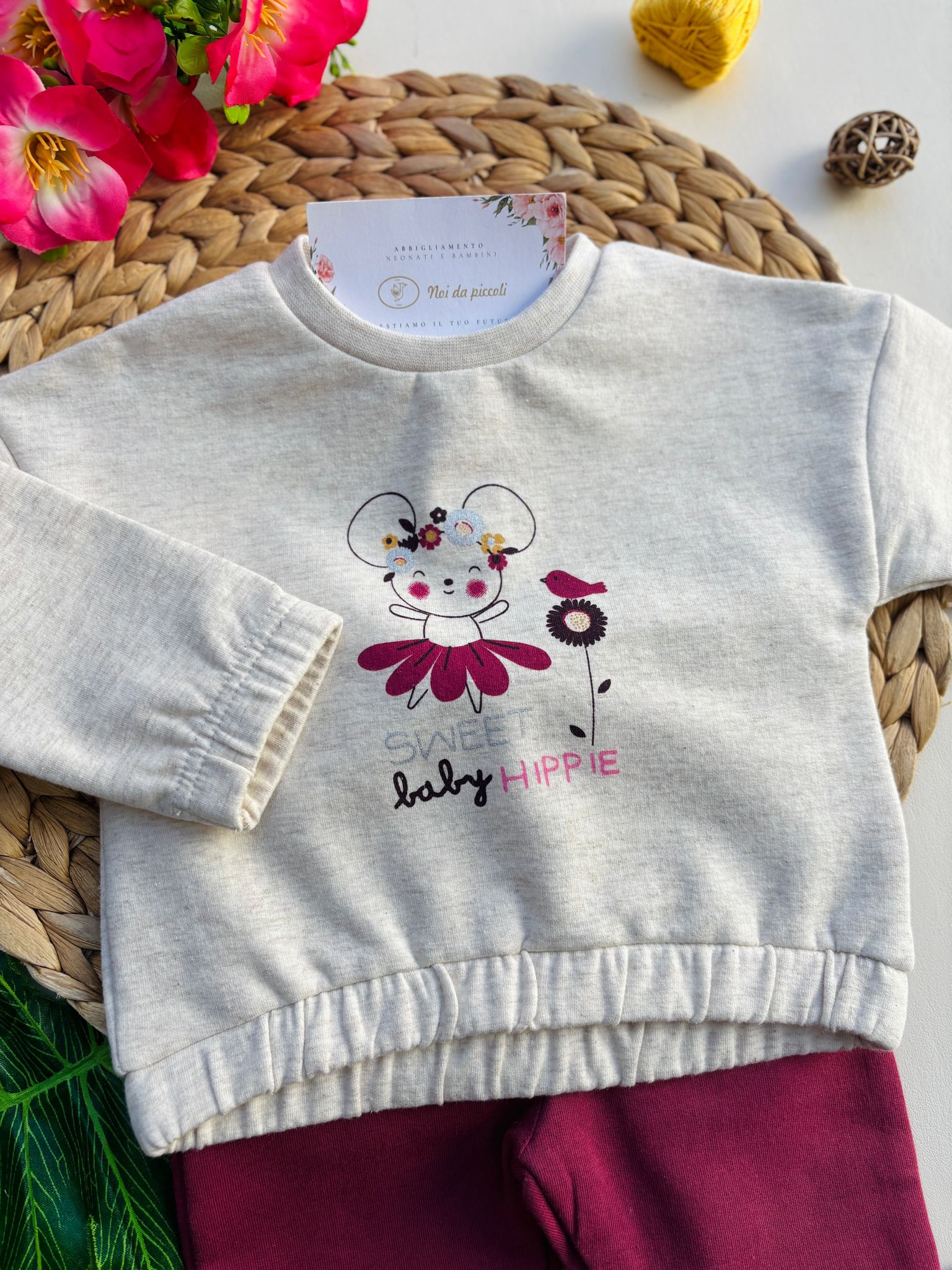 COMPLETO 2 PZ IN CALDO COTONE CON ORSETTO MALVA E CREMA - Noi da piccoli