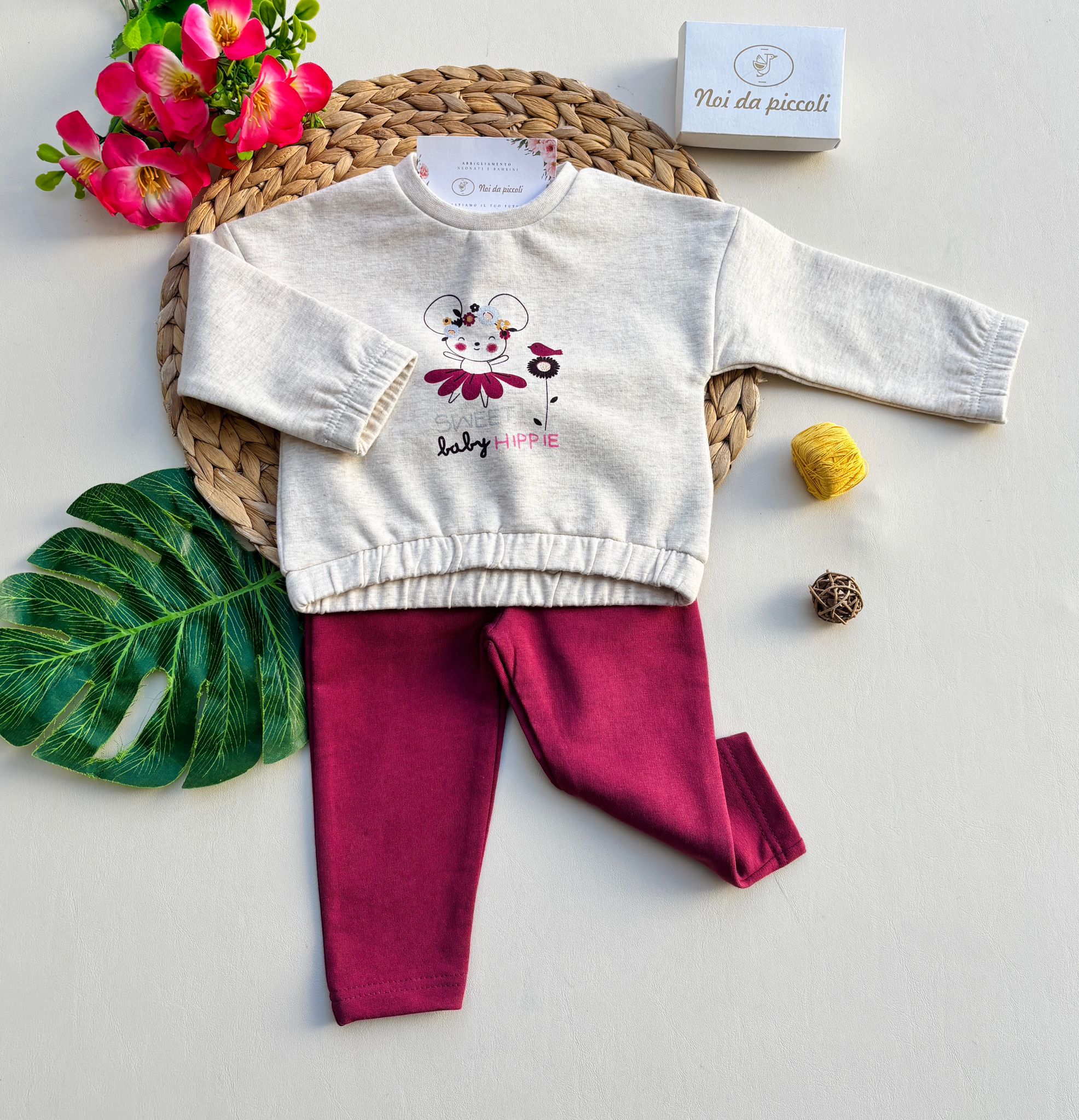 COMPLETO 2 PZ IN CALDO COTONE CON ORSETTO MALVA E CREMA - Noi da piccoli