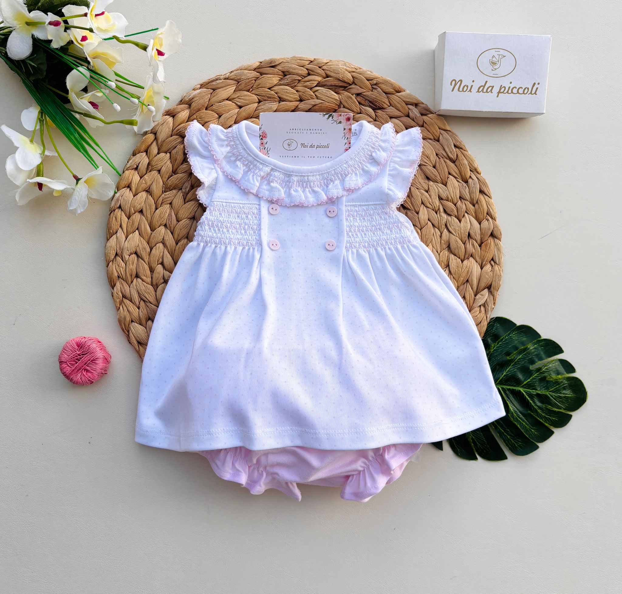 COMPLETO 2 PZ IN COTONE A POIS BIANCO ROSA - Noi da piccoli