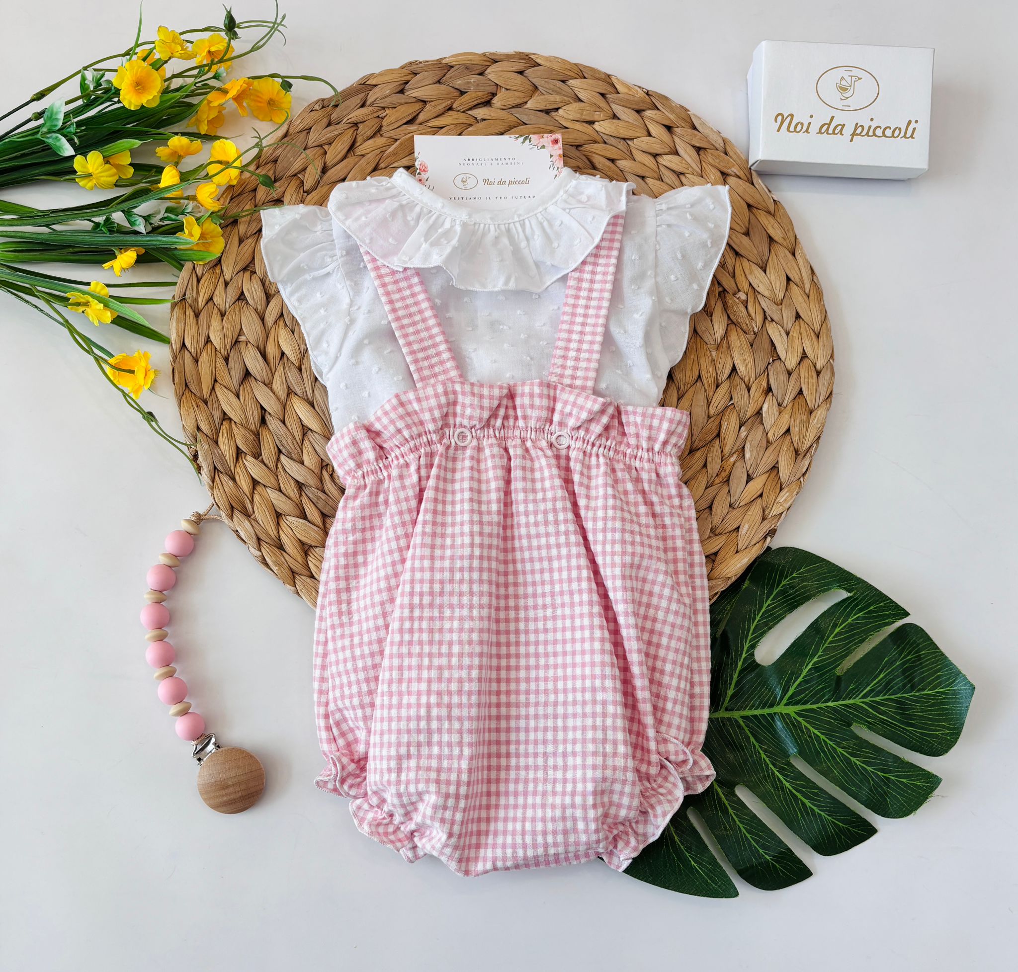 COMPLETO 2 PZ IN COTONE A QUADRATINI BIANCO ROSA - Noi da piccoli