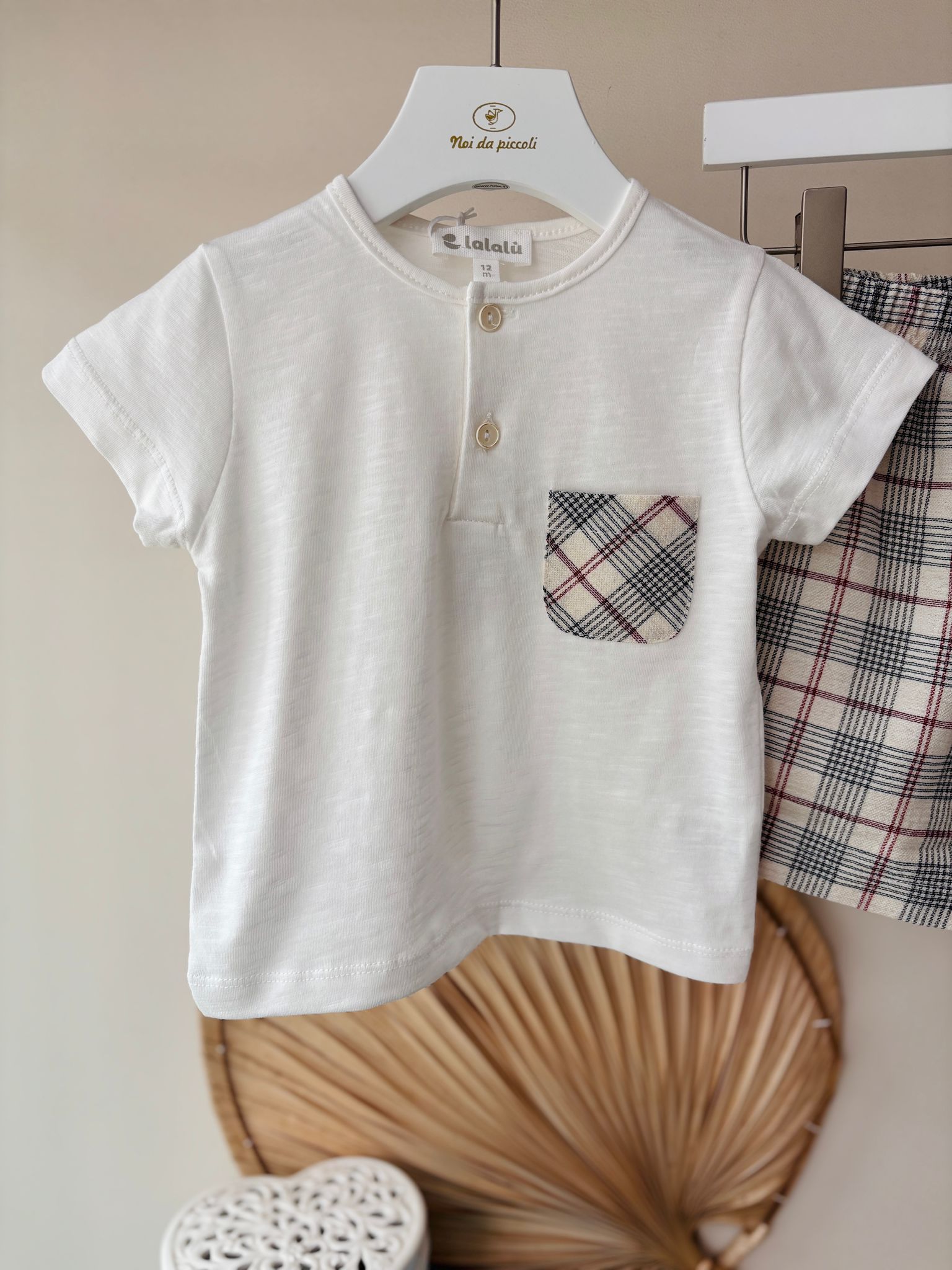 COMPLETO 2 PZ IN COTONE A QUADRONI BIANCO BEIGE - Noi da piccoli
