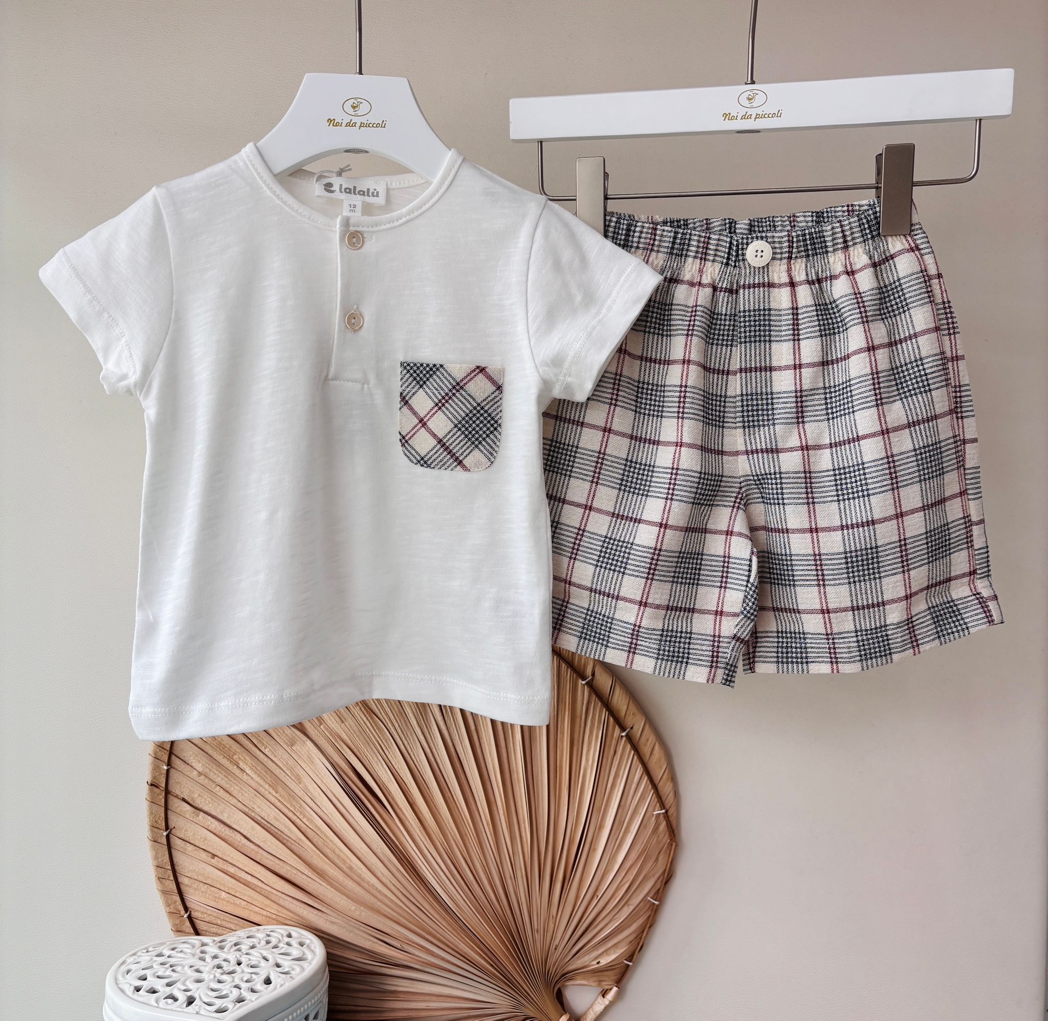 COMPLETO 2 PZ IN COTONE A QUADRONI BIANCO BEIGE - Noi da piccoli
