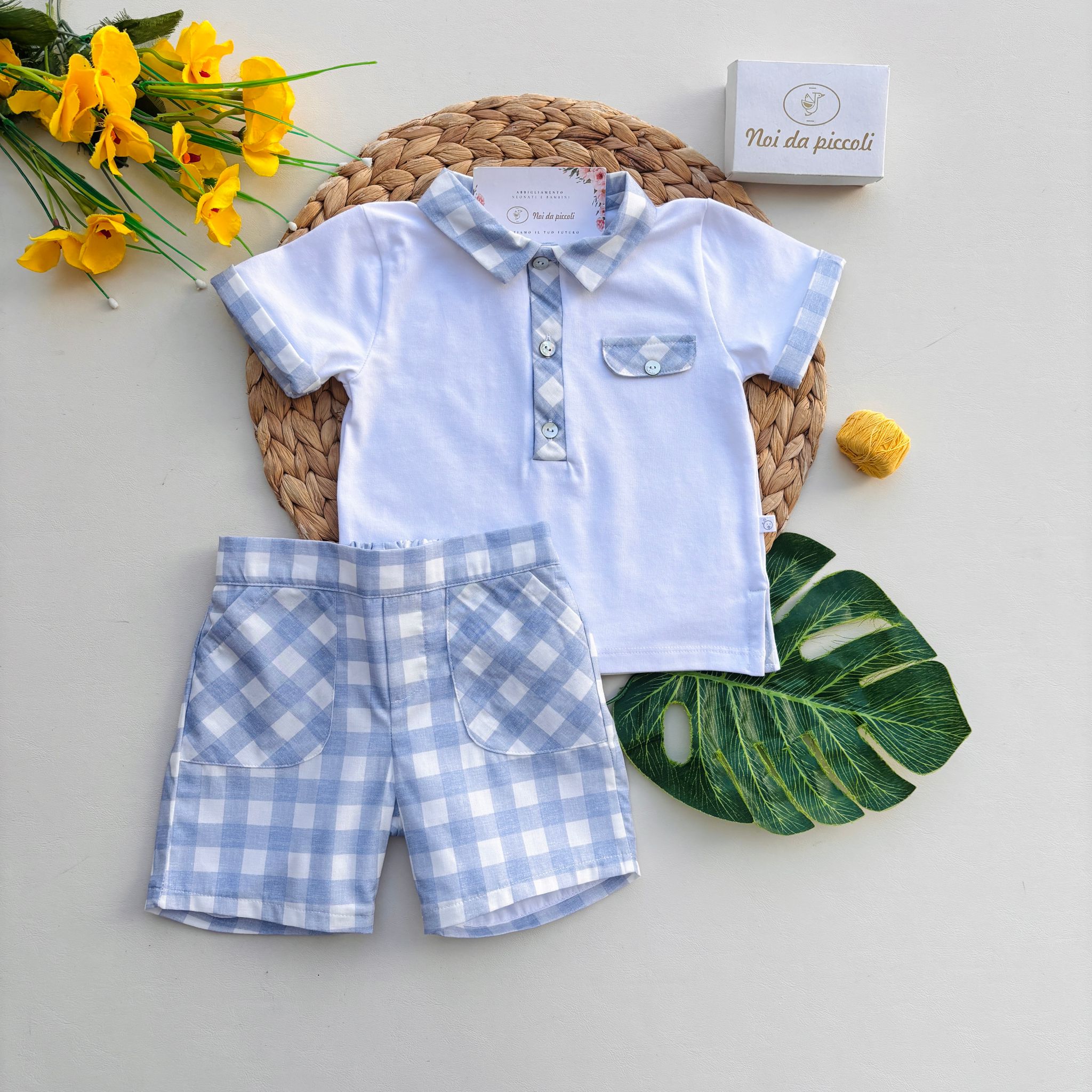 COMPLETO 2 PZ IN COTONE A QUADRONI BIANCO CIELO - Noi da piccoli