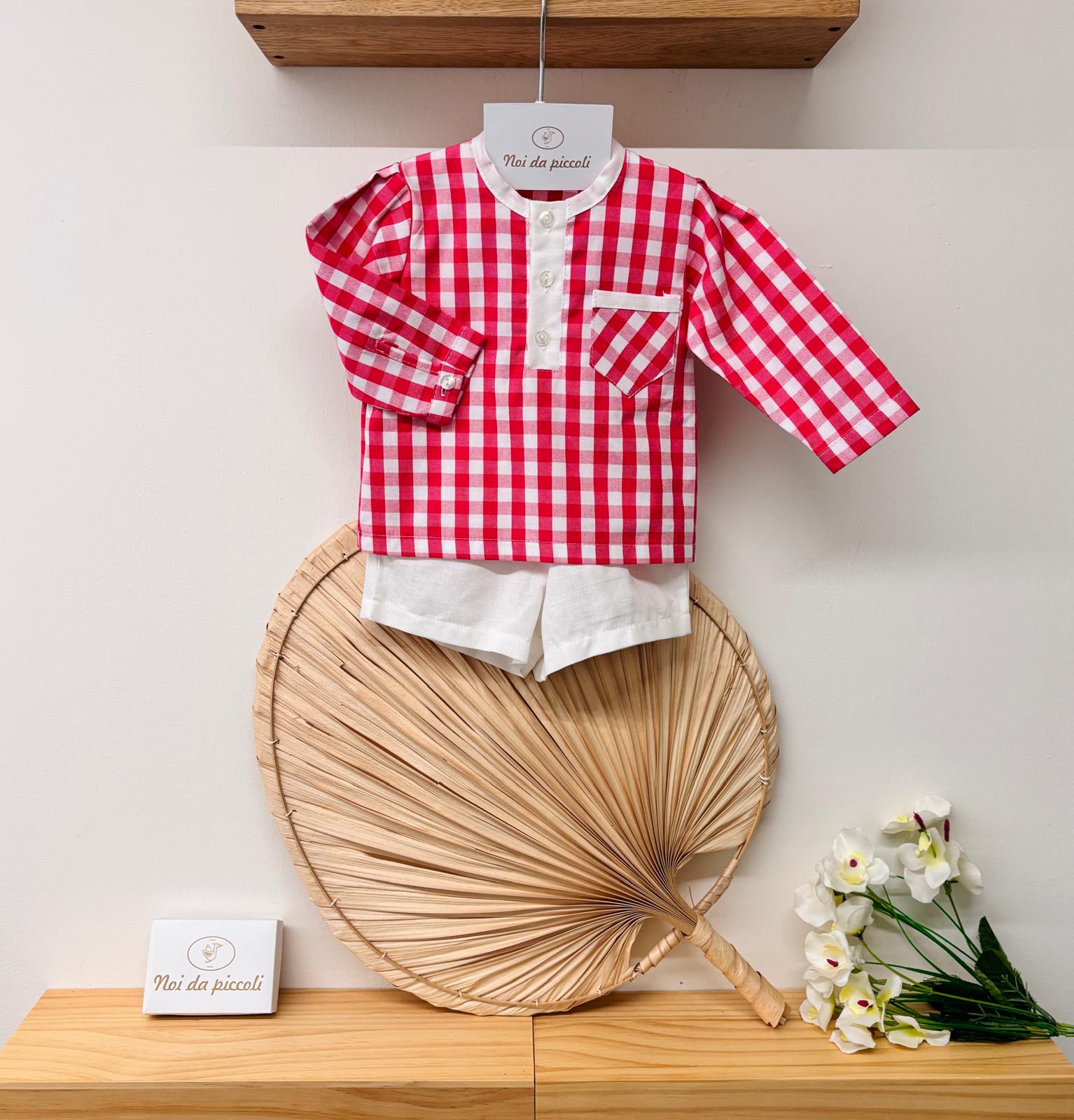 COMPLETO 2 PZ IN COTONE A QUADRONI BIANCO ROSSO - Noi da piccoli