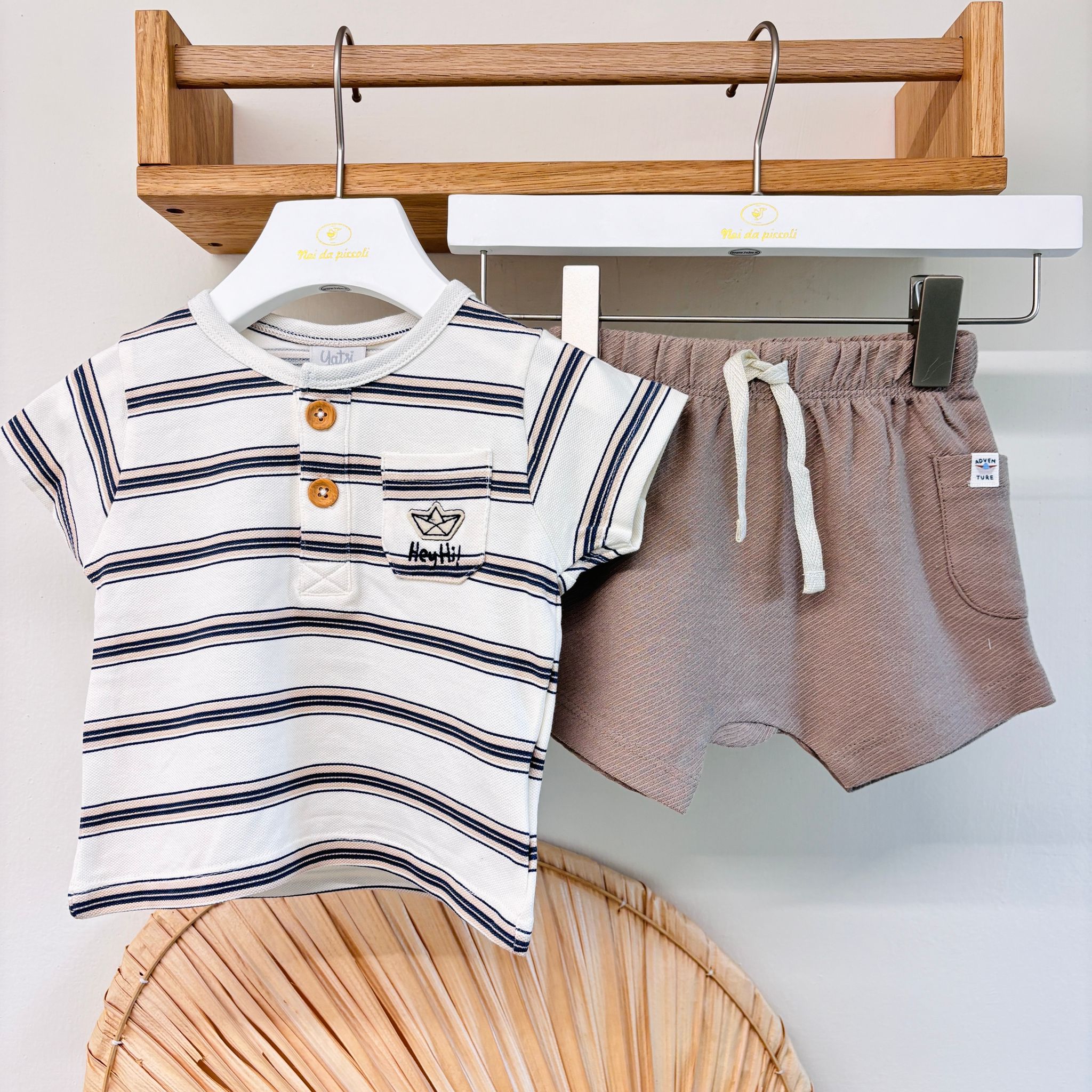 COMPLETO 2 PZ IN COTONE A RIGHE BEIGE - Noi da piccoli