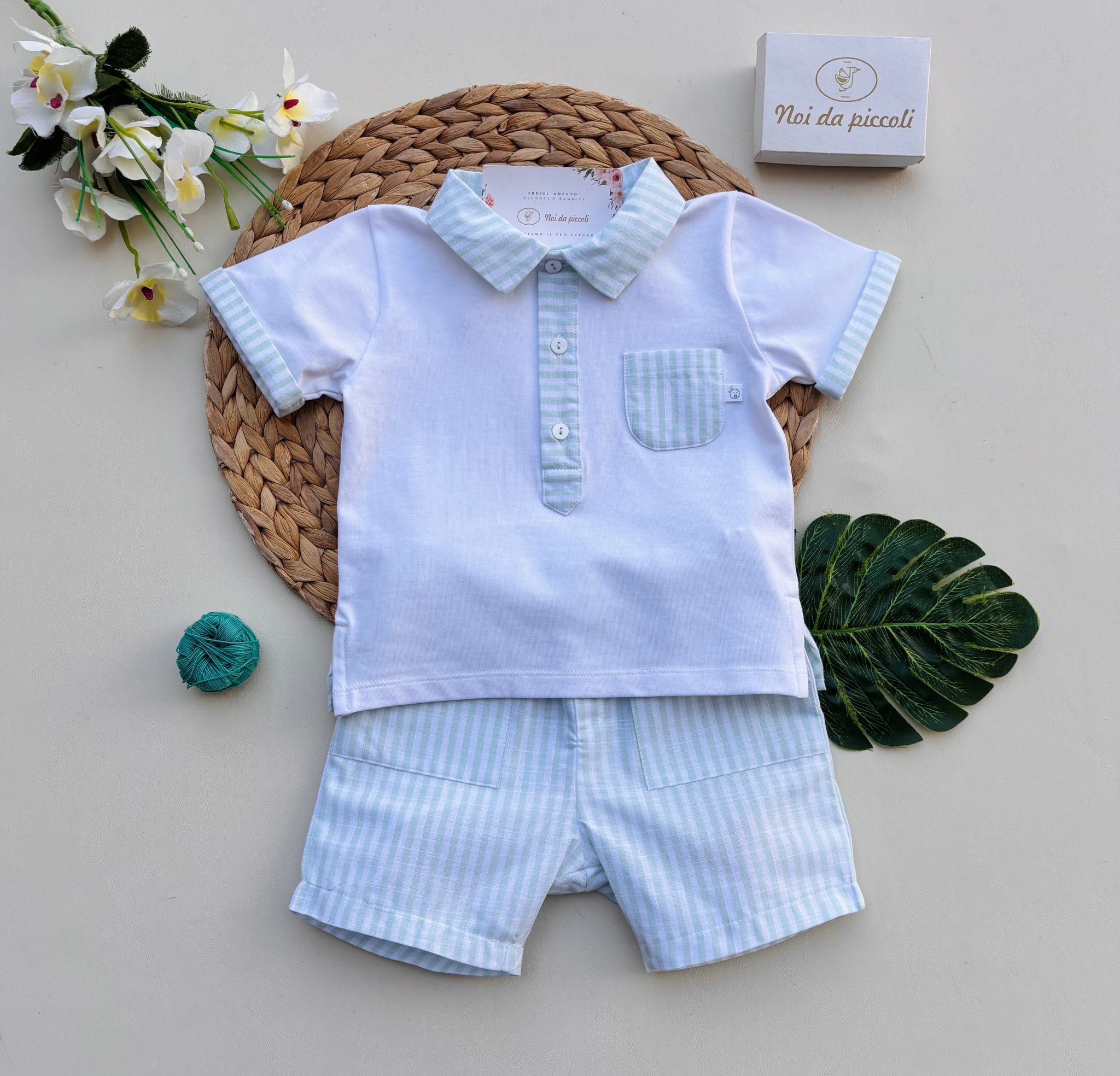 COMPLETO 2 PZ IN COTONE A RIGHE BIANCO VERDE - Noi da piccoli