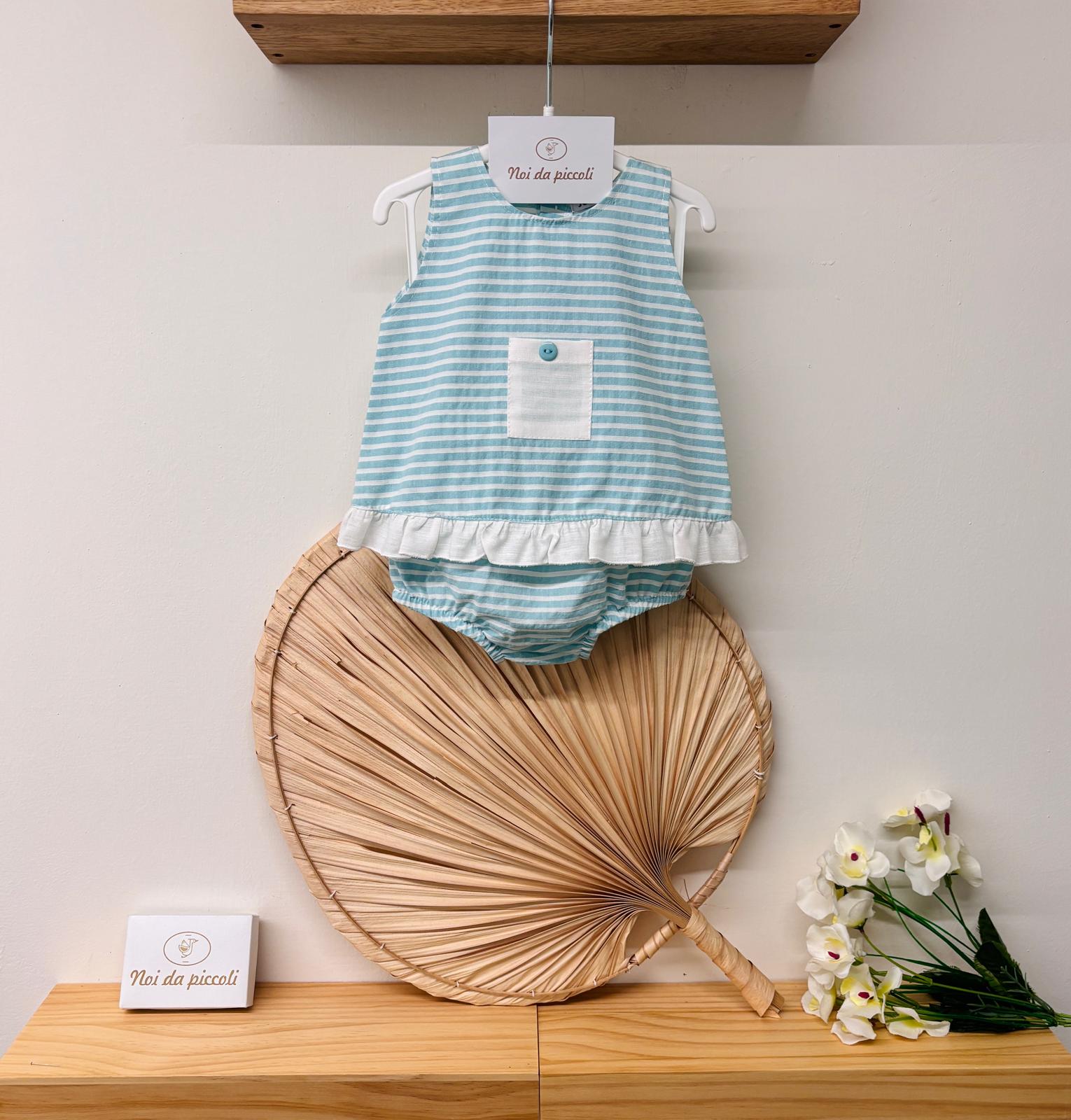 COMPLETO 2 PZ IN COTONE A RIGHE VERDE ACQUA - Noi da piccoli