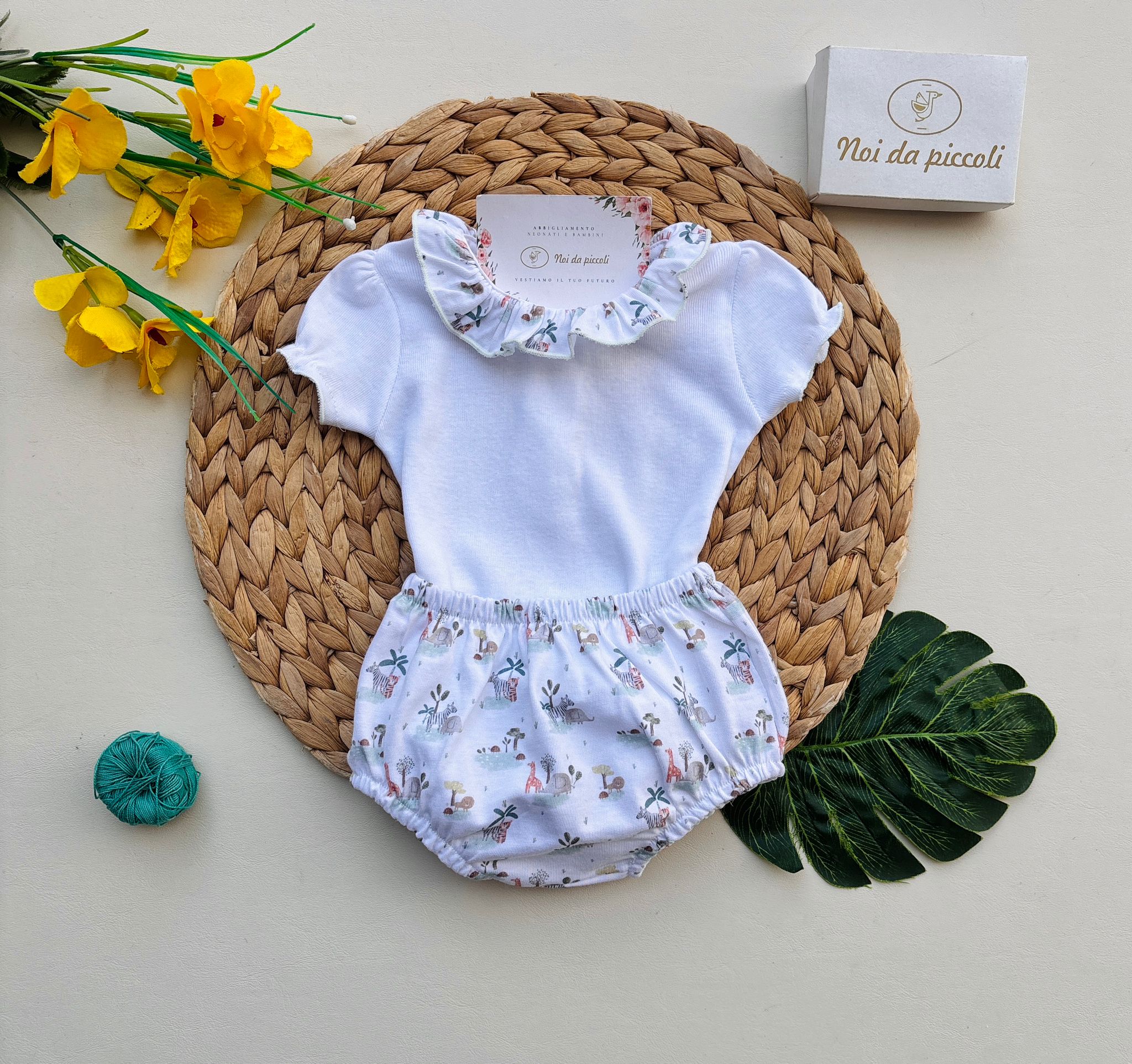 COMPLETO 2 PZ IN COTONE CON ANIMALI SAFARI BIANCO - Noi da piccoli