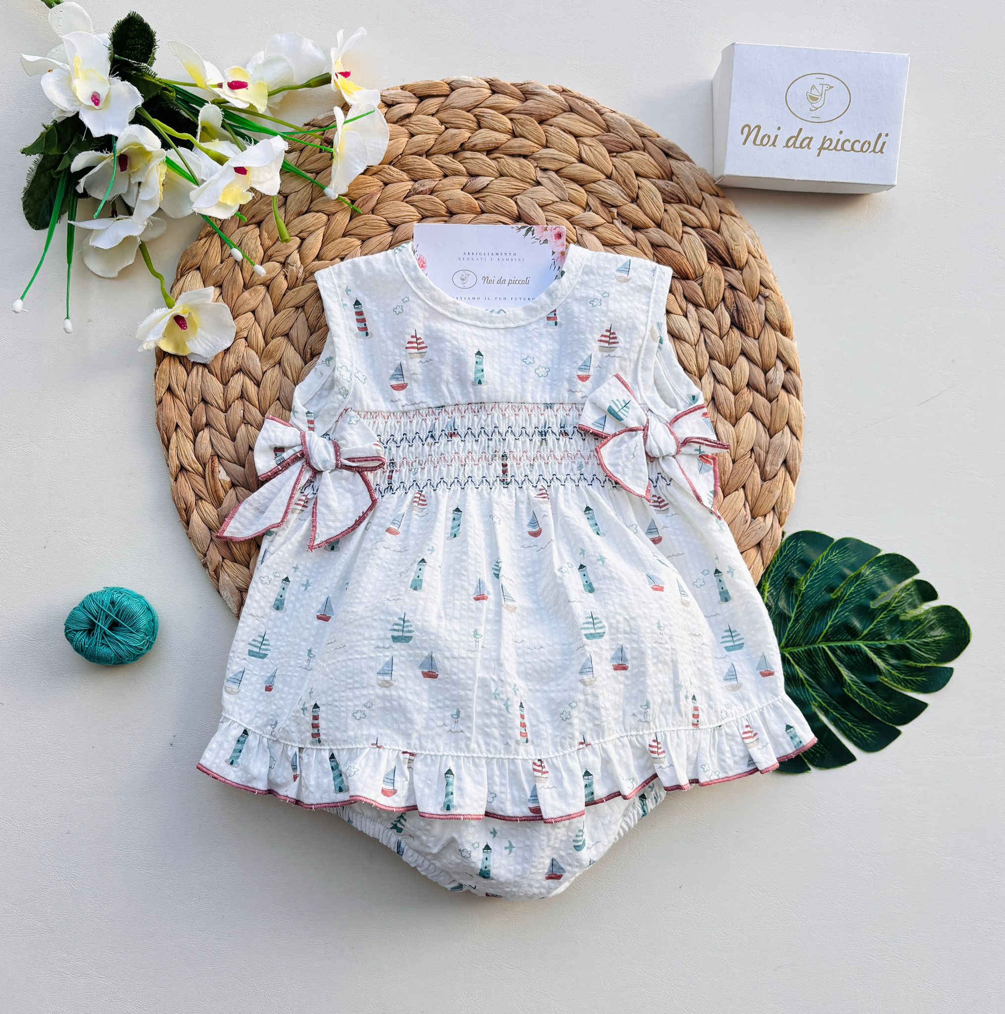 COMPLETO 2 PZ IN COTONE CON BARCHETTE BIANCO - Noi da piccoli