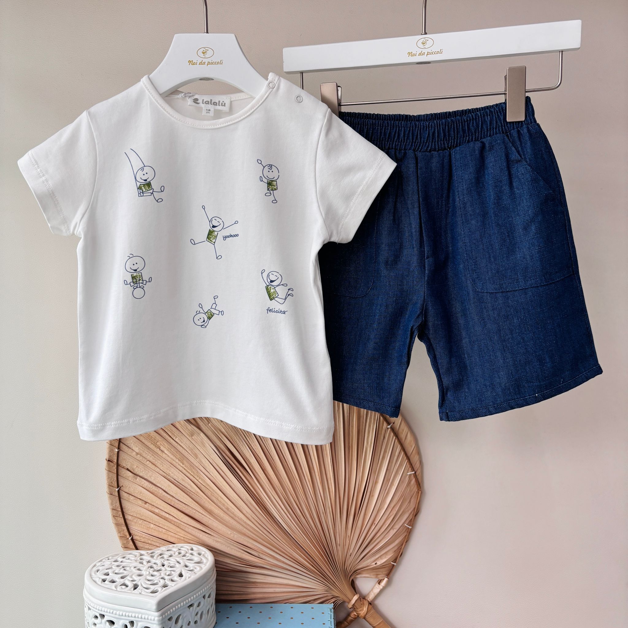COMPLETO 2 PZ IN COTONE CON DISEGNINI BIANCO BLU - Noi da piccoli
